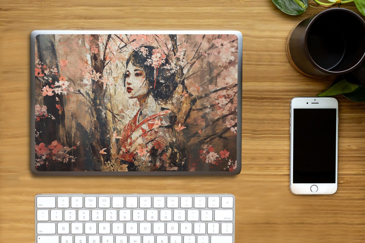 MuchoWow Laptop-Aufkleber Kimono - Frau - Kirschbäume, (1tlg), Aufkleber Geeignet für Laptops, Schutz vor Kratzern, Sticker, 31x22 cm