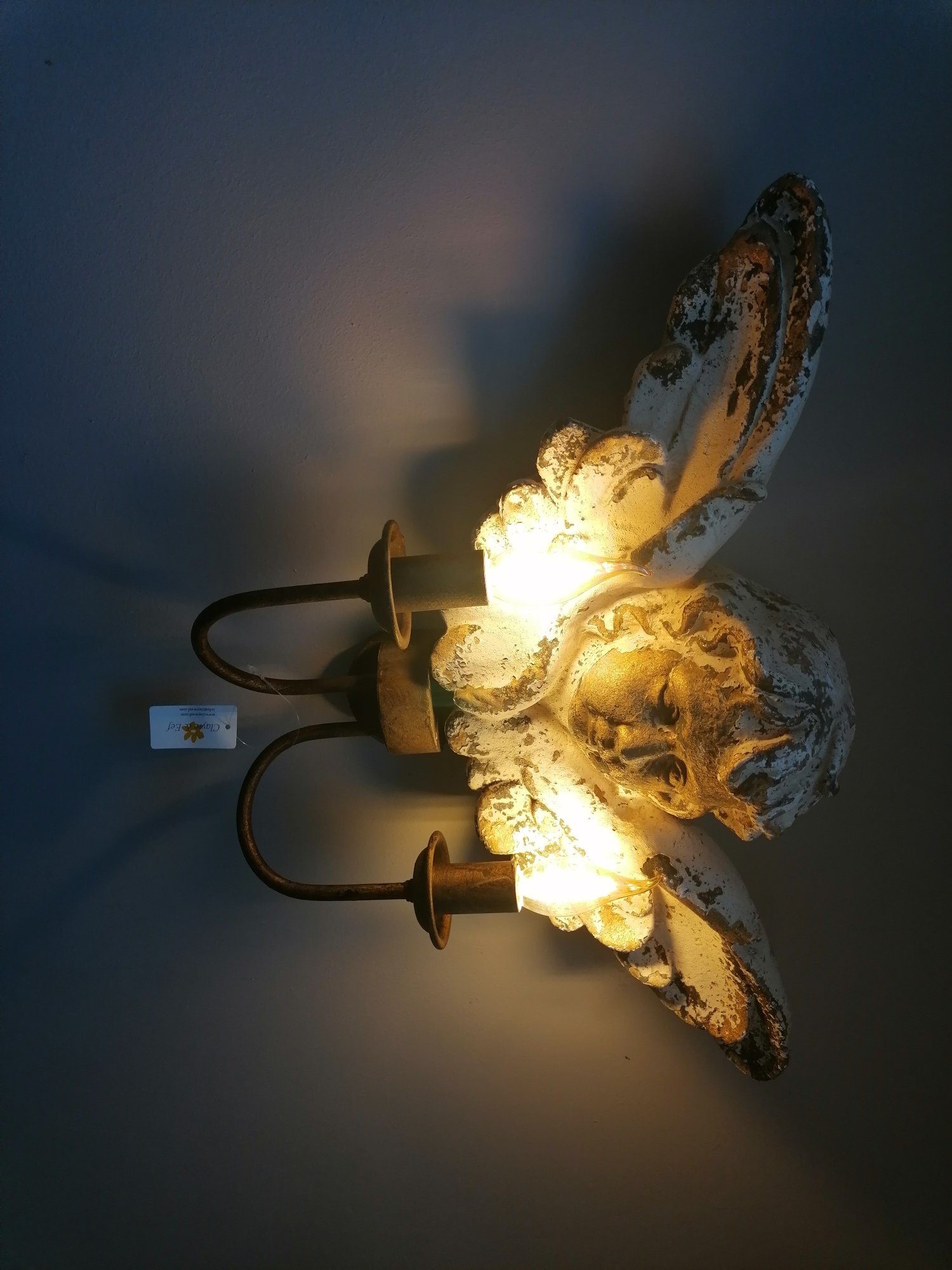 Clayre & Eef Wandleuchte Wandlampe Lampe Engel Putte Eisen rost Patina creme gold shabby, ohne Leuchtmittel, Wandleuchte