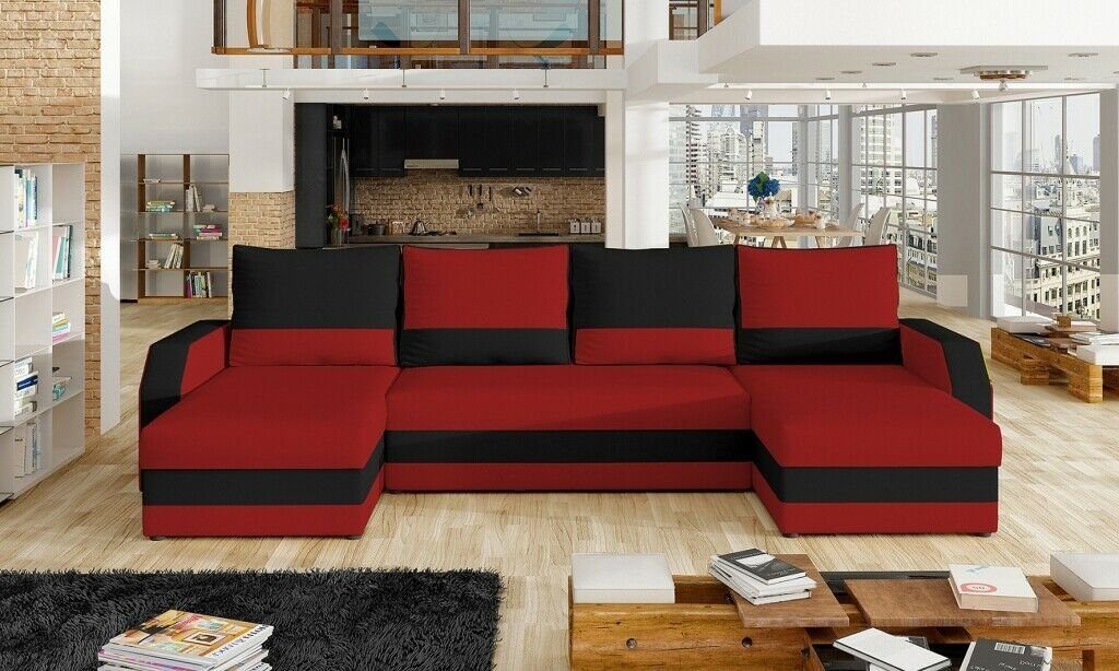 JVmoebel Ecksofa Eck Stoff Ecksofa in Design Couch, U-Form Sofa Made Rot/Schwarz Couch Textil Europe