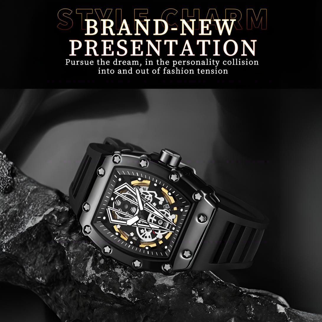 Forrlite Quarzuhr Quarzuhr, Armbanduhr, Herrenuhr, Multifunktionsuhr, (Chronograph HerrenuhrStilvolle Skelett-Sportuhren), Tonneau-Gehäuse, lässige Uhr, Silikonarmband für Herren