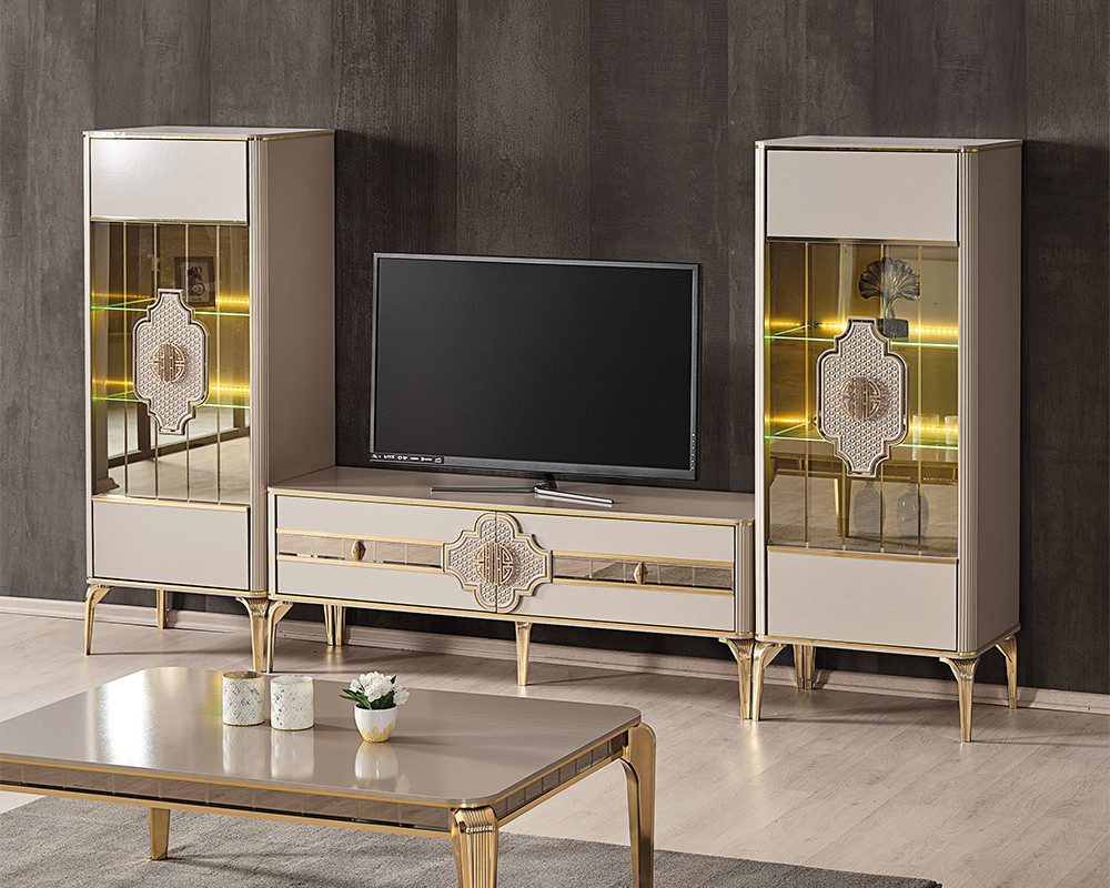 JVmoebel Wohnwand Wohnzimmer Garnitur TV Ständer Vitrinen Couchttisch Schrank Beige 4tlg, (4-St., TV Ständer), Made in Europa