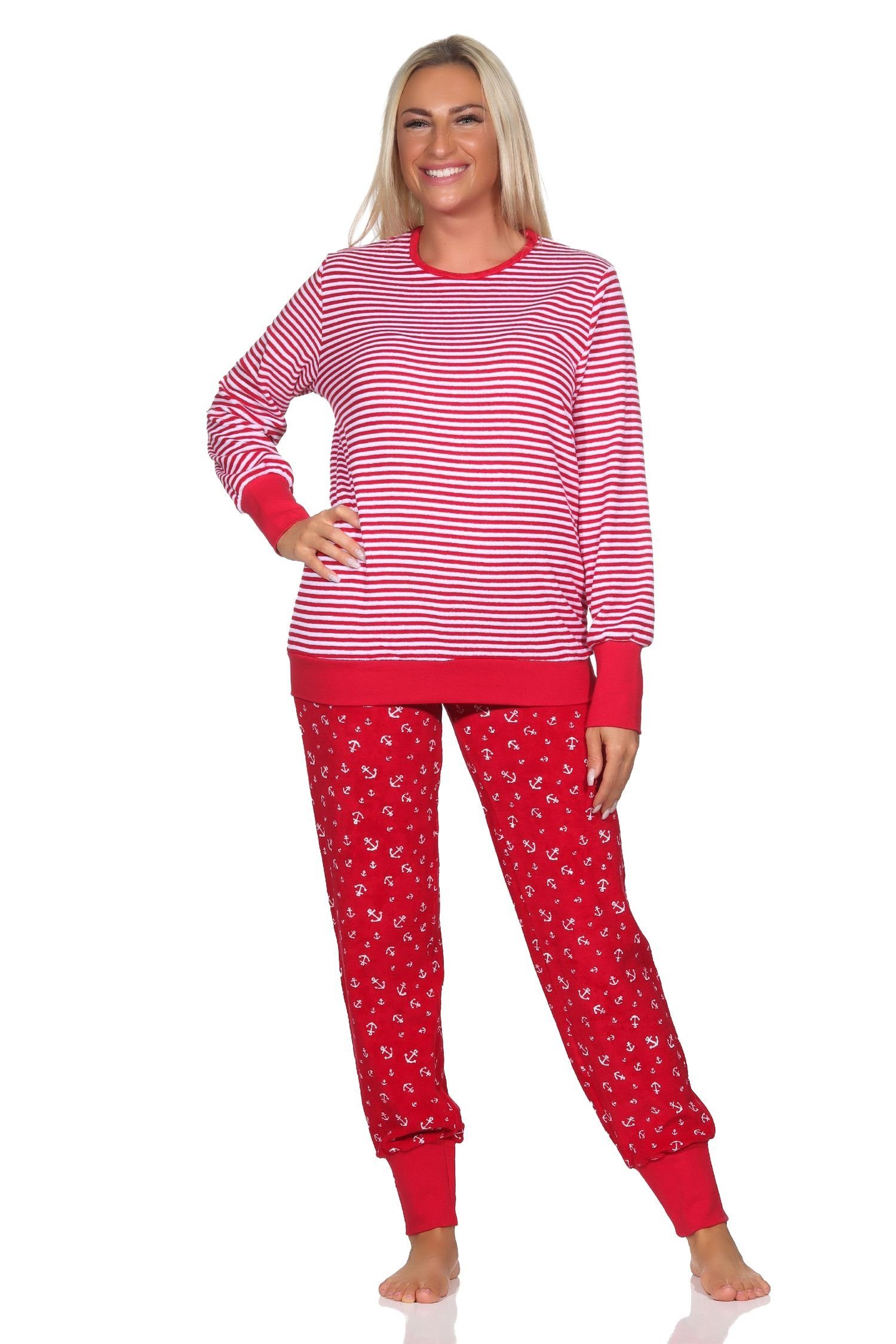 Normann Pyjama Normann Damen Frottee Schlafanzug in maritimer Optik und Anker Motiv rot1