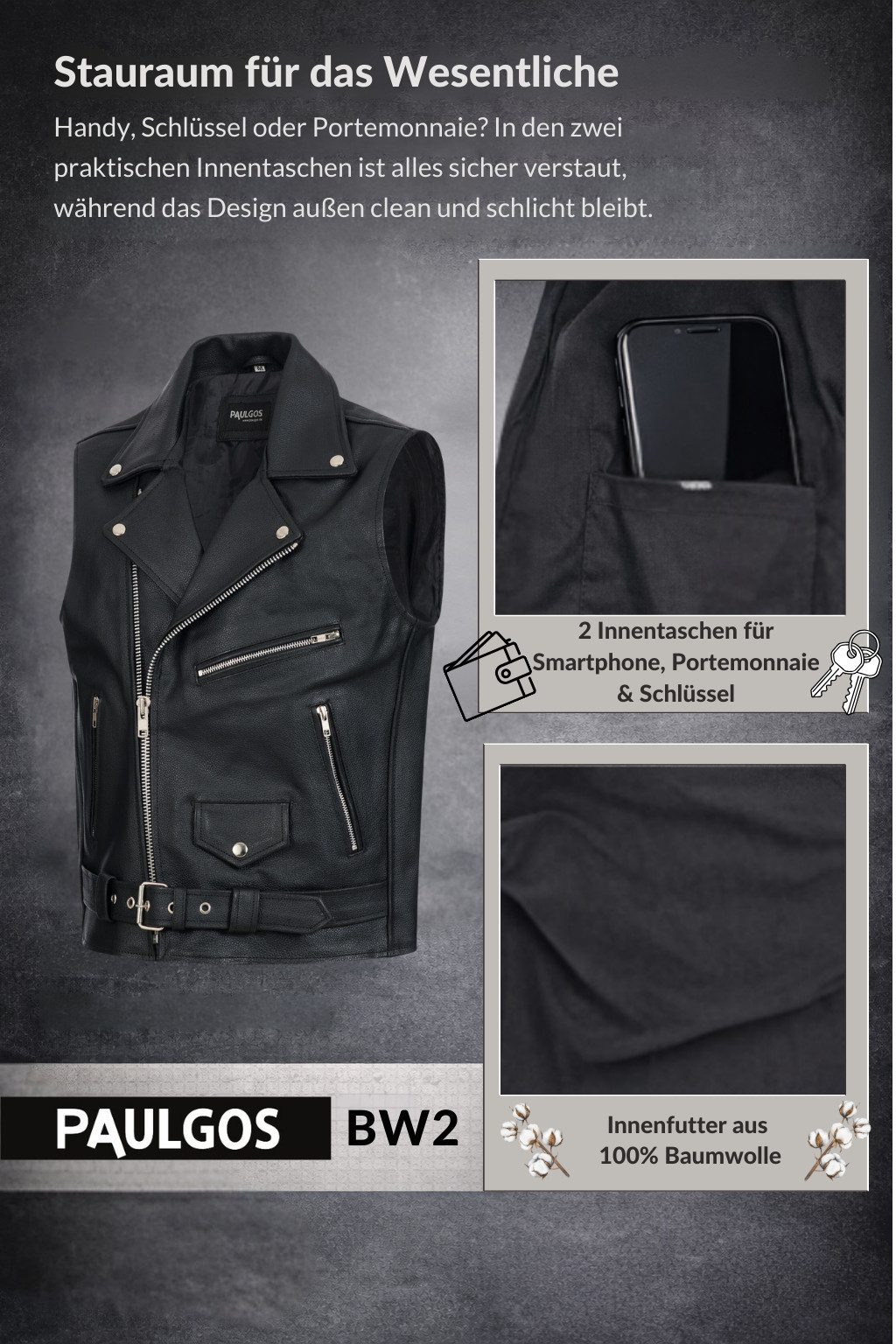 PAULGOS Motorradweste Lederweste Biker Kutte Clubweste Chopper Weste 100% Echtleder - BW2