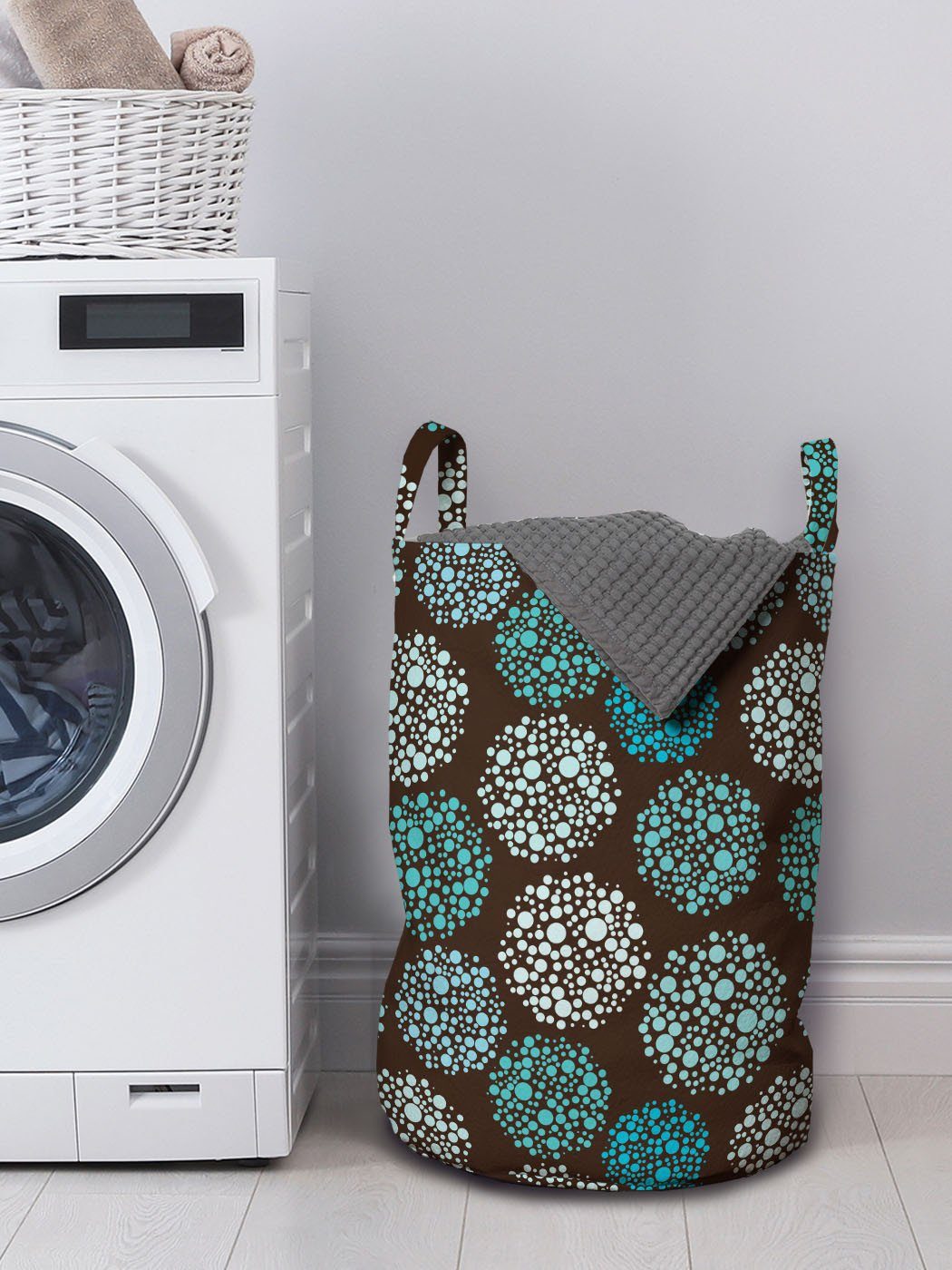 Abakuhaus Wäschesäckchen Wäschekorb Brown Kordelzugverschluss Waschsalons, Punkte und Blau Griffen für und mit Kreise