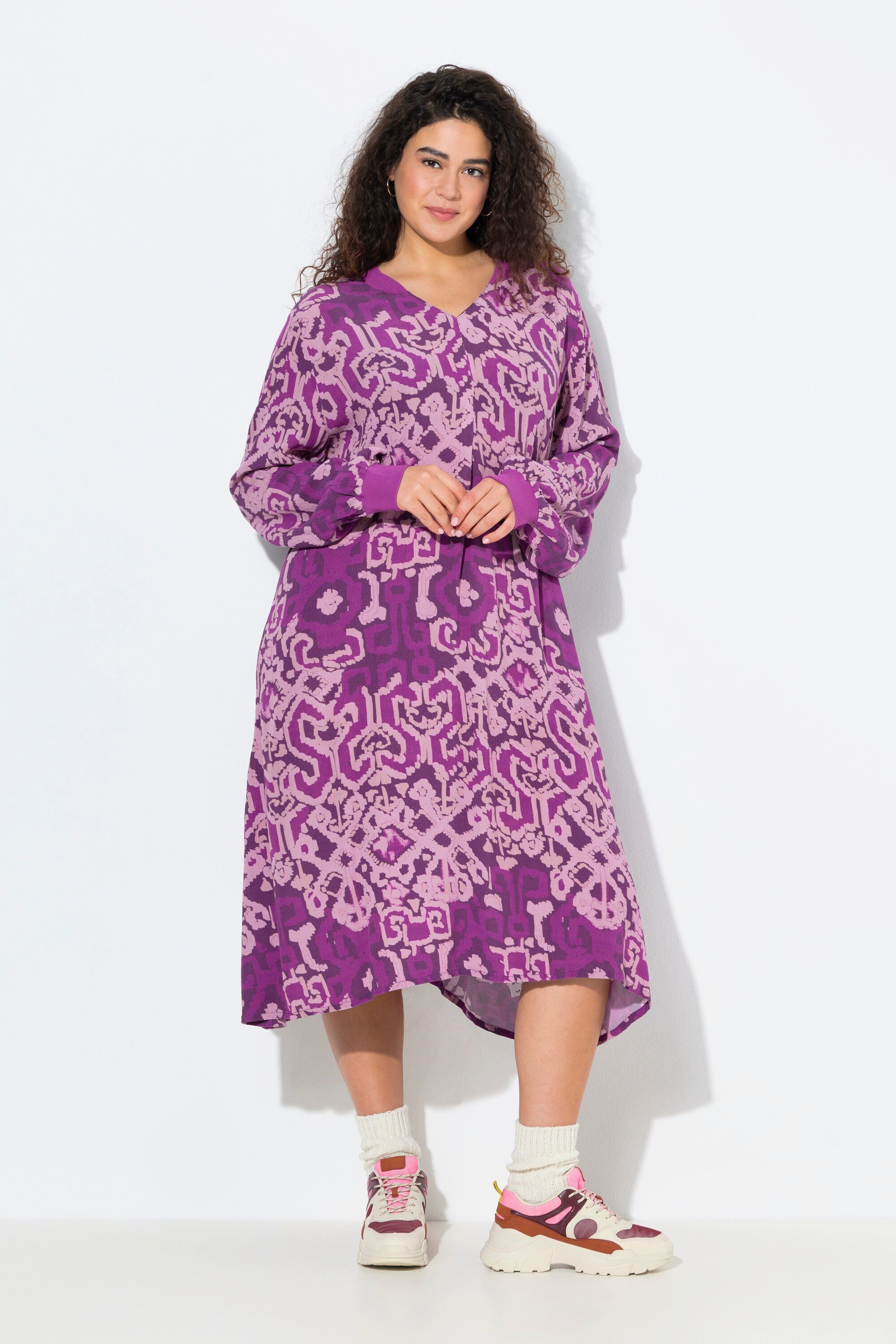 Ulla Popken Jerseykleid Kleid Zierfalte A-Linie Stehkragen Glocken-Langarm