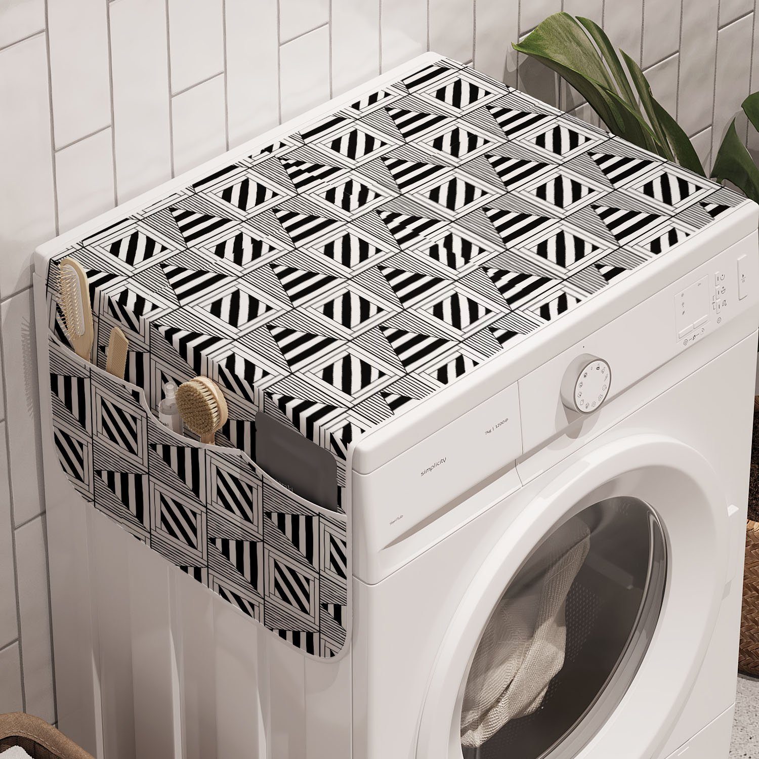 Abakuhaus Badorganizer Anti-Rutsch-Stoffabdeckung für Waschmaschine und Trockner, Schwarz und weiß dreieckförmigen Linien