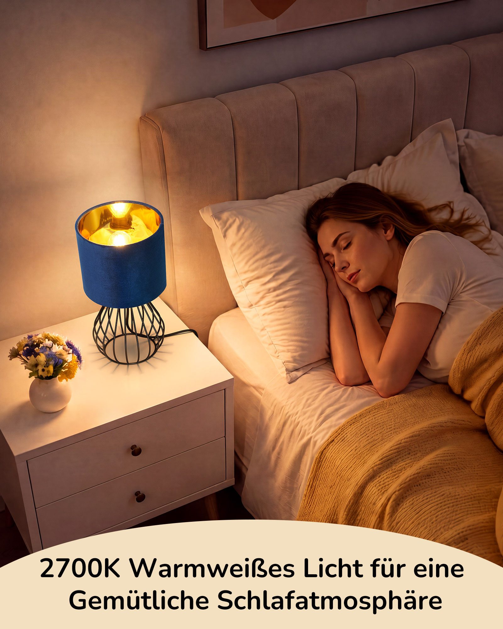 EDISHINE Nachttischlampe Dekolampe H29 cm mit Metallfuß, LED wechselbar, 2700 K Warmweiß, Vintage Tischleuchte mit E14 Leuchtmittel, für Fensterbank, Geschenk – Bild 5 von 5
