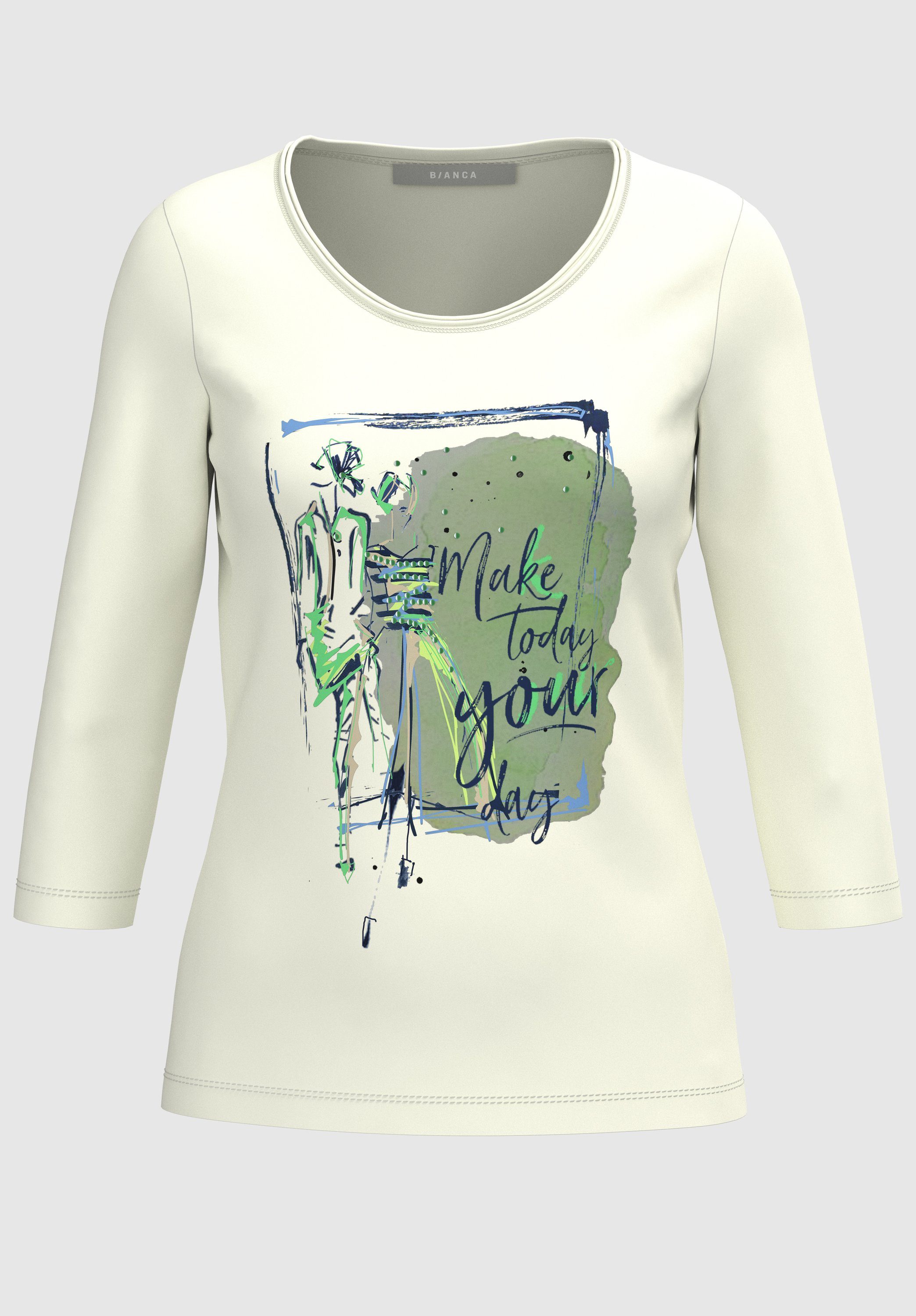 und Frontmotiv angesagtem DINI Print-Shirt mit bianca Wording coolem