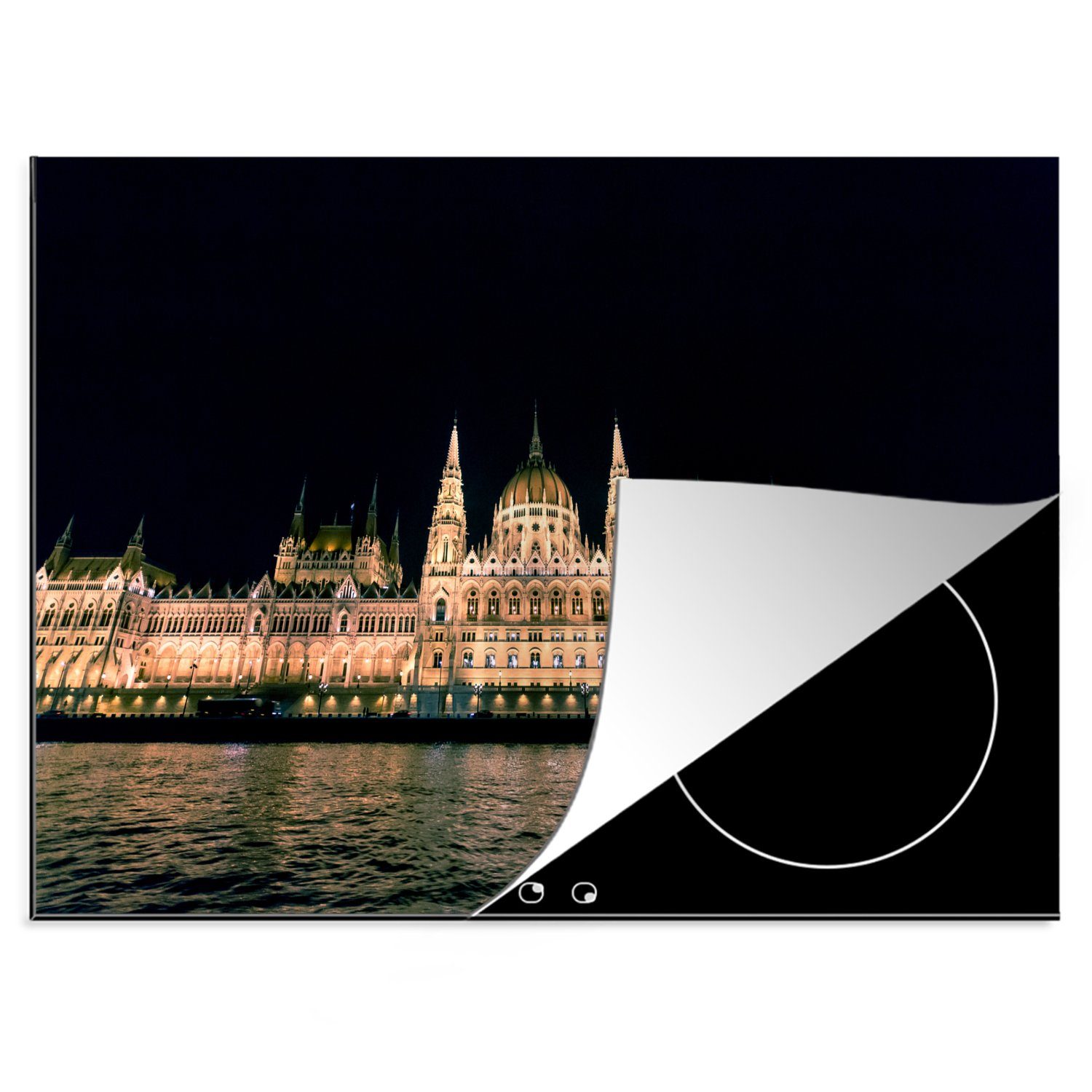 Vinyl, tlg), Mobile (1 cm, nutzbar, fotografiert Herdblende-/Abdeckplatte Das 70x52 MuchoWow Nacht, beleuchtete Ceranfeldabdeckung ungarische Arbeitsfläche Parlamentsgebäude, bei