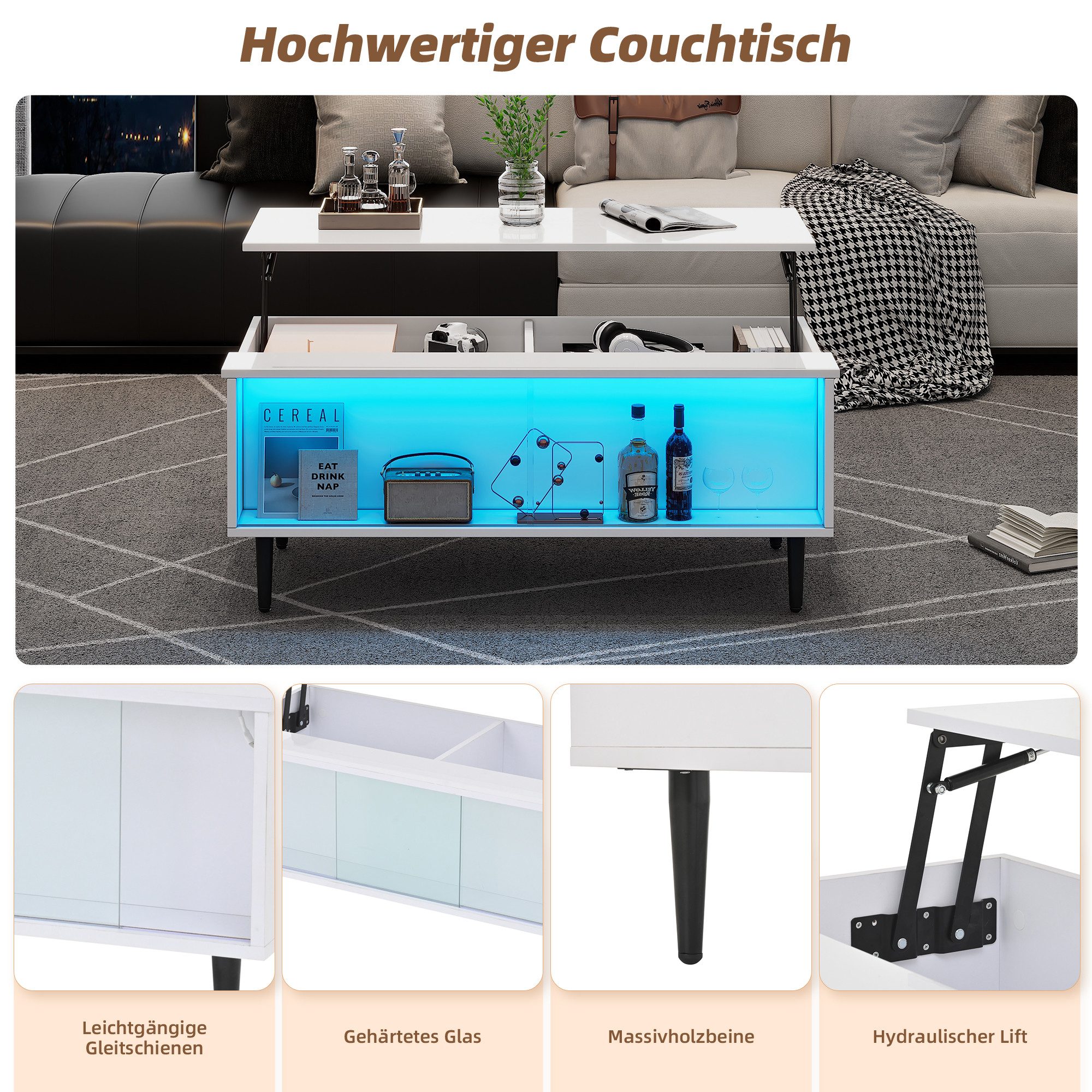 Merax Couchtisch hochglanz Sofatisch höhenverstellbarer Beistelltisch mit LED (1-St., 105x50x43 cm), Wohnzimmertisch mit verstecktem Stauraum,Glasschiebetür,Dis – Bild 5 von 5