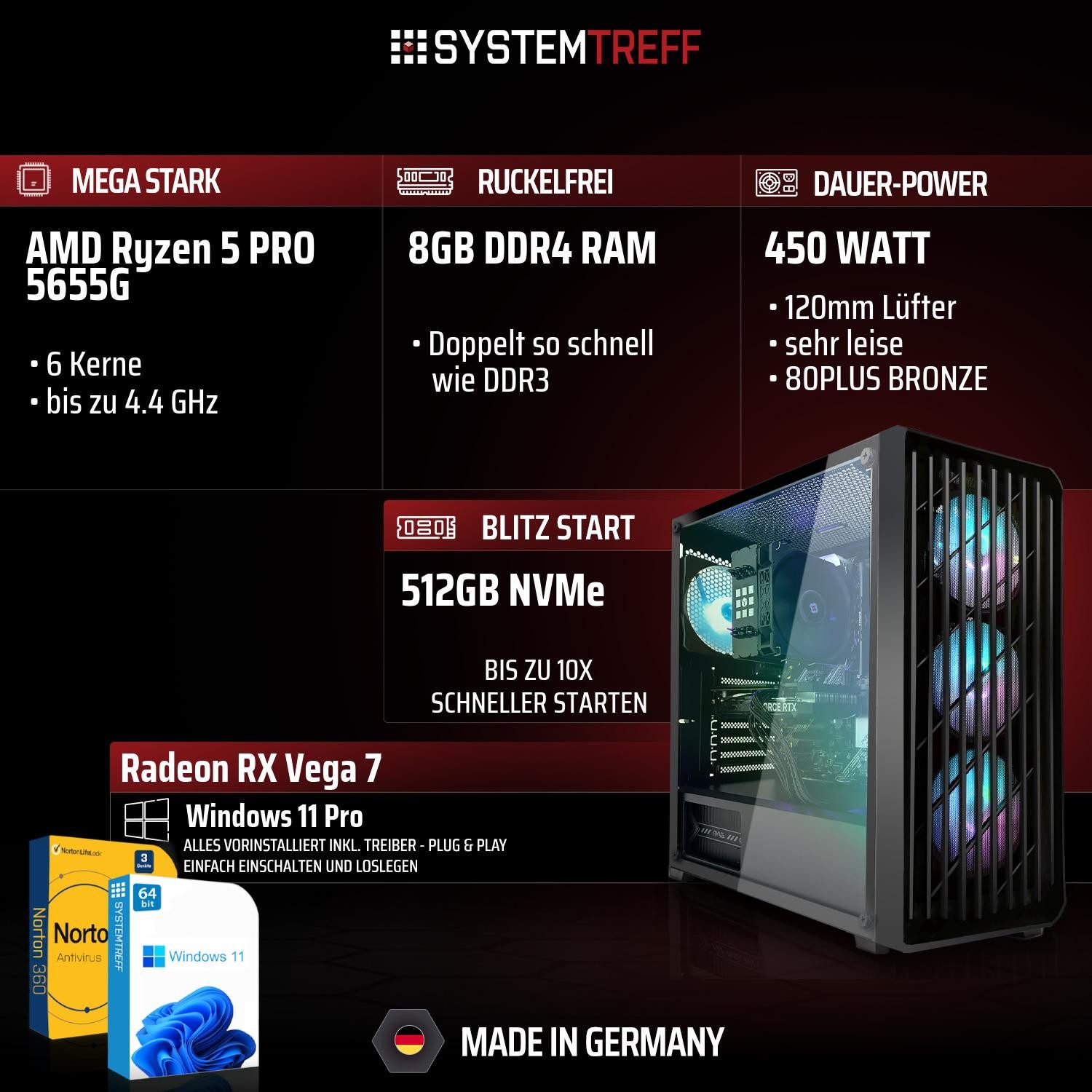SYSTEMTREFF Basic Gaming-PC (AMD 5655G 5655G, RX Vega 7, 8 GB RAM, 512 GB SSD, Luftkühlung)