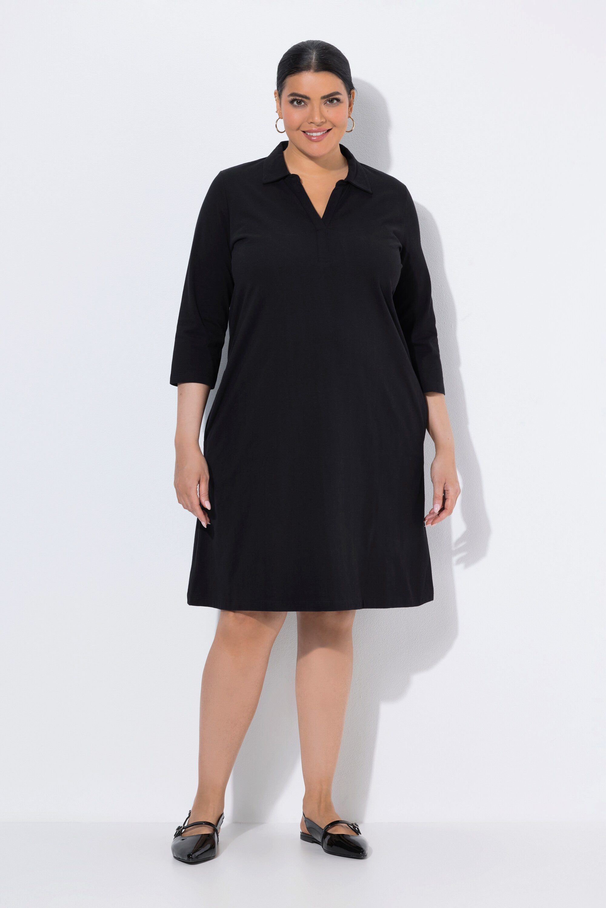 Ulla Popken Midikleid Jerseykleid A-Linie Hemdkragen 3/4-Arm Taschen
