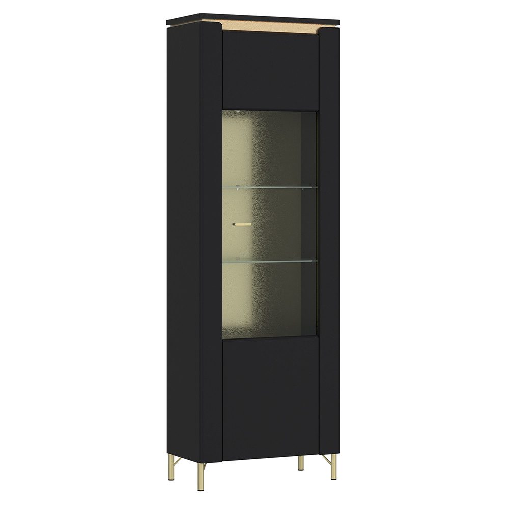 Lomadox Vitrine NOLA-129 Schwarz matt mit goldfarbenen Akzenten, Breite 65,5cm