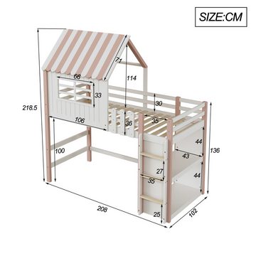 IDEASY Einzelbett Kinderbett 90x200 cm hoch und niedrig Bett für Jungen und (Rundum-Absturzschutz), Mädchen Heimbett Dachform mit Sicherheitsleiter mit Ablagefach