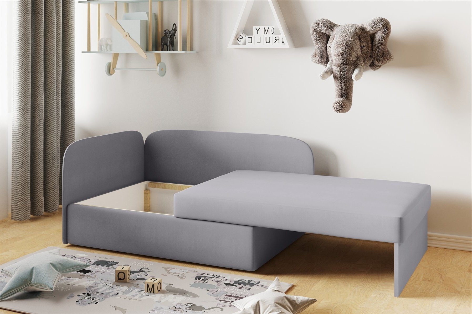 Sofa Grau Li Schlafsofa Bettkasten MAILO Kindersofa o. Möbel Re, Seite Fun Kindersofa inkl. Schlaffunktion mit