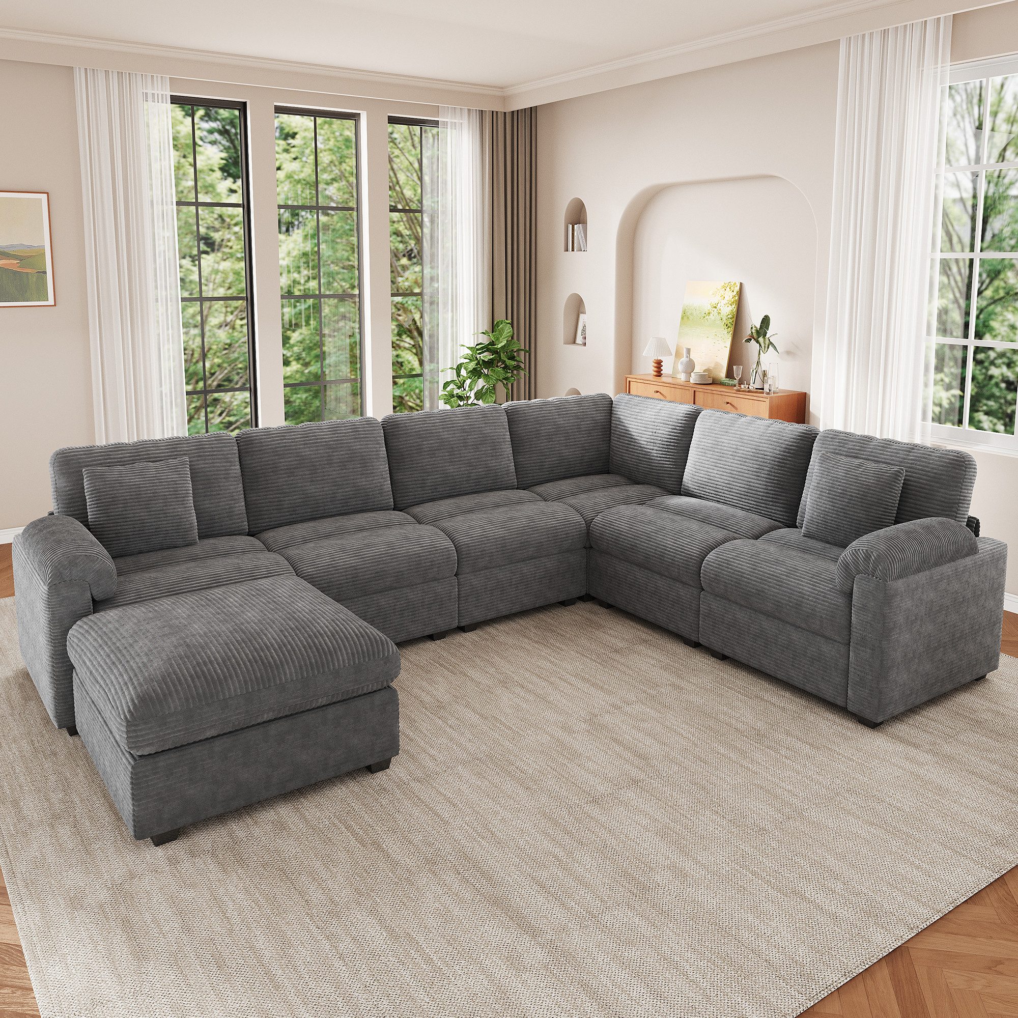 Odikalo Big-Sofa Ecksofa mit Kissen Hocker und Schlaffunktion, Cord‑Sofa, multifunktionalem und großzügigem Kombinationssofa