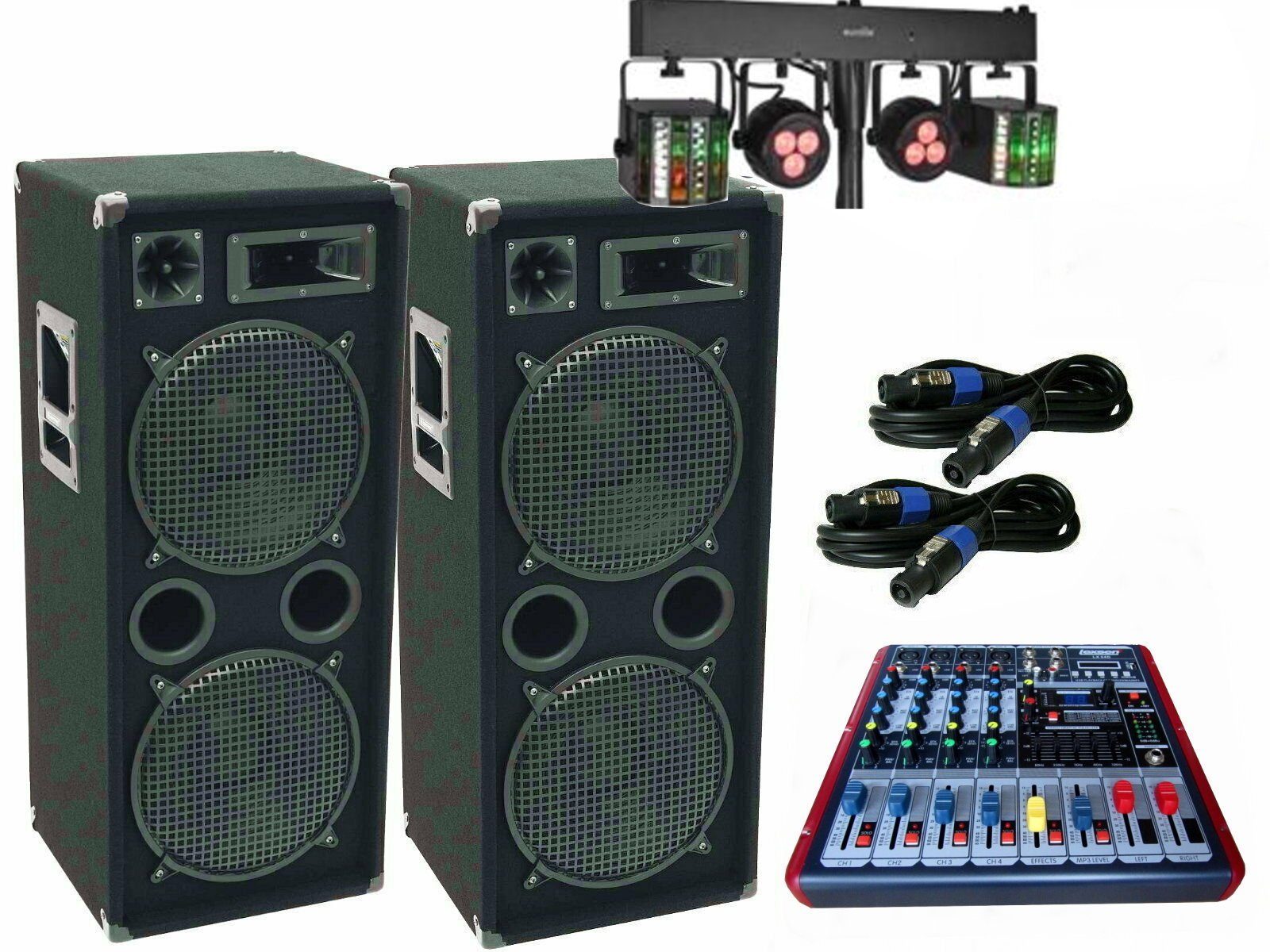 DSX PA DJ Komplett Set 14 LED Licht 4x30cm Subwoofer Powermixer Party-Lautsprecher