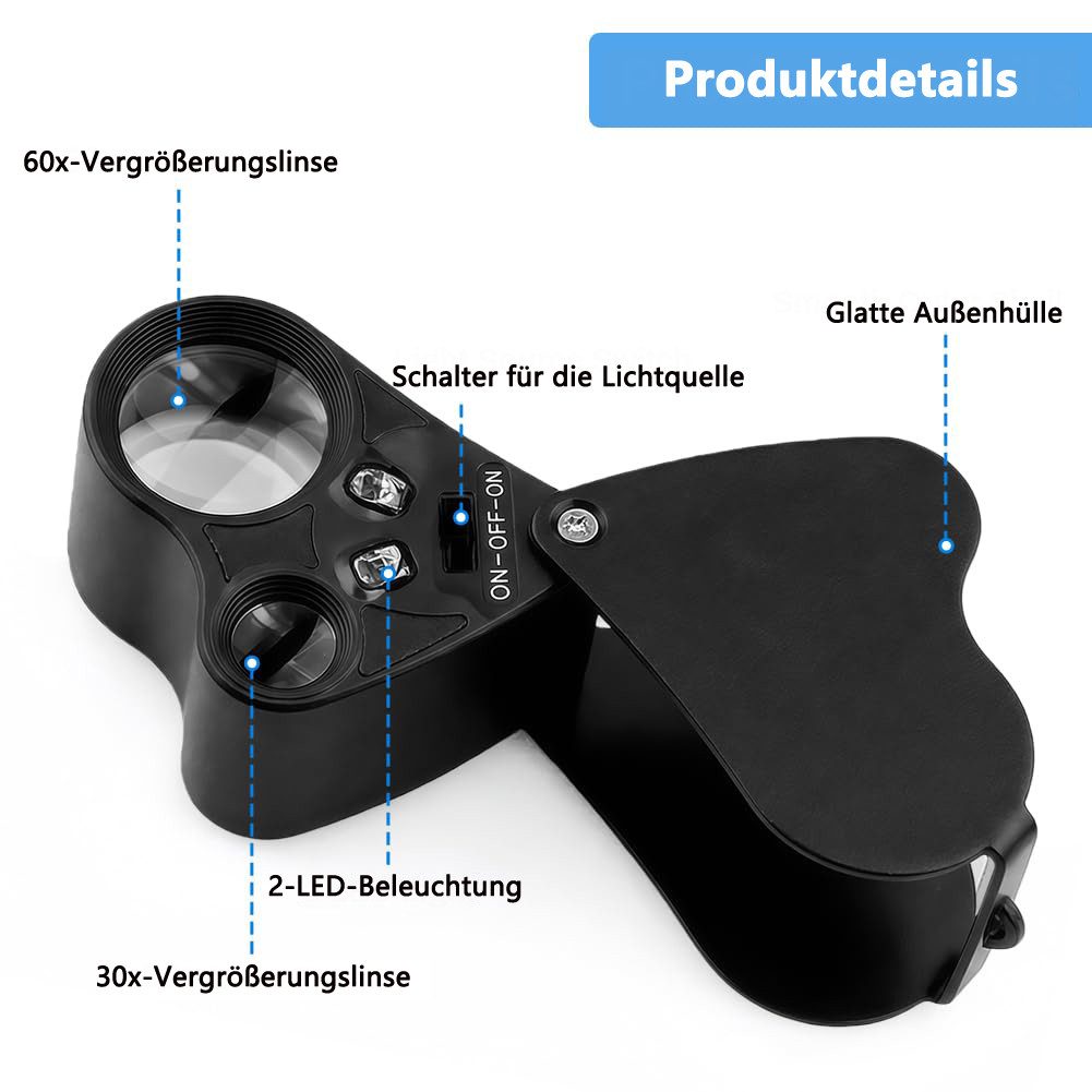 nsihing Lupenbrille Juwelier Lupe, 30X and 60X Vergrößerung, Metall Faltlupe mit LED, für Diamanten, Edelsteine, Schmuck, Briefmarken, Münzen – Bild 3 von 5