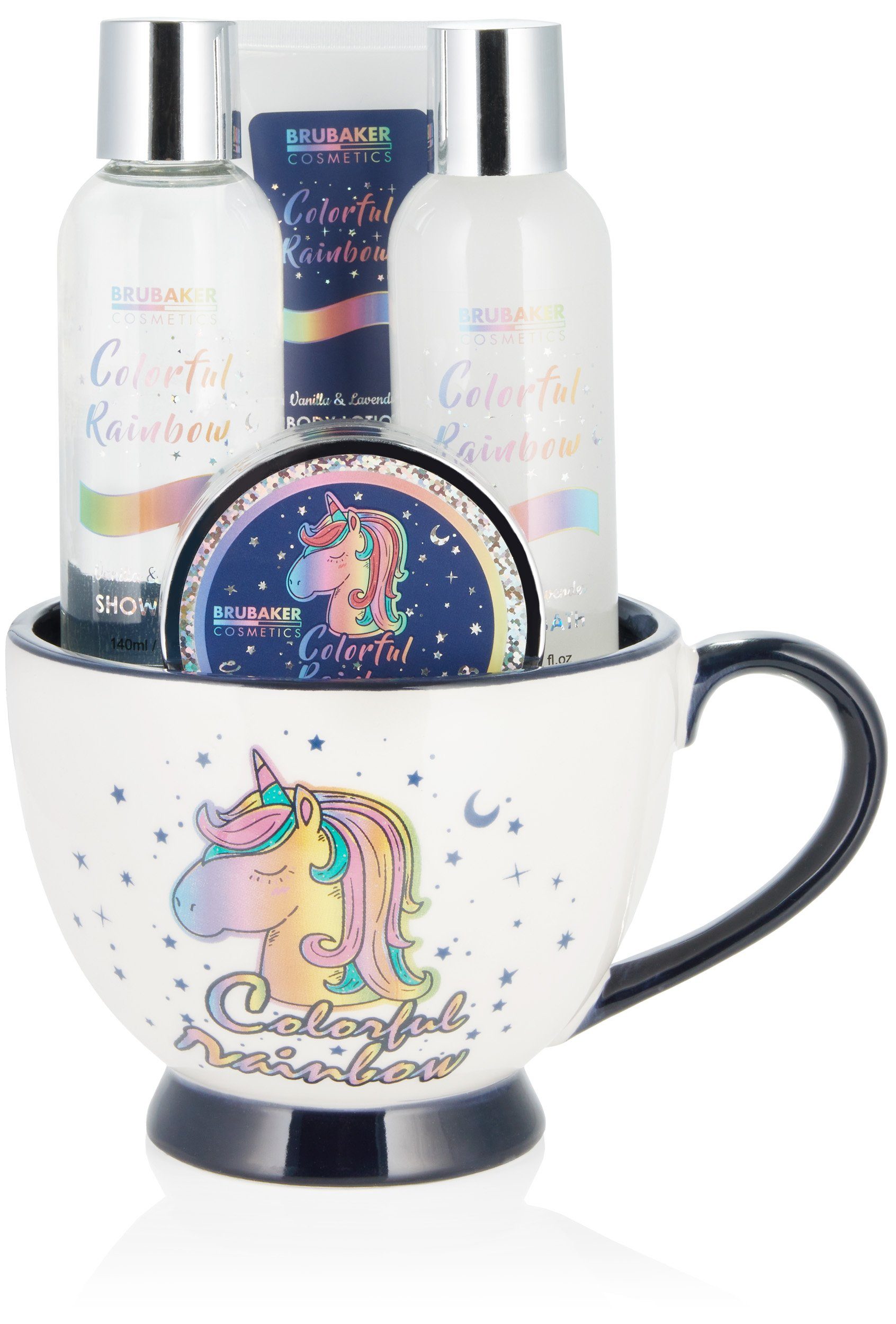 BRUBAKER Pflege-Geschenkset Einhorn Dusch- und Badeset Vanille & Lavendel Duft, 5-tlg., Frauen Geschenkset in XXL Kaffeebecher, Pflegeset für Damen – Bild 4 von 5