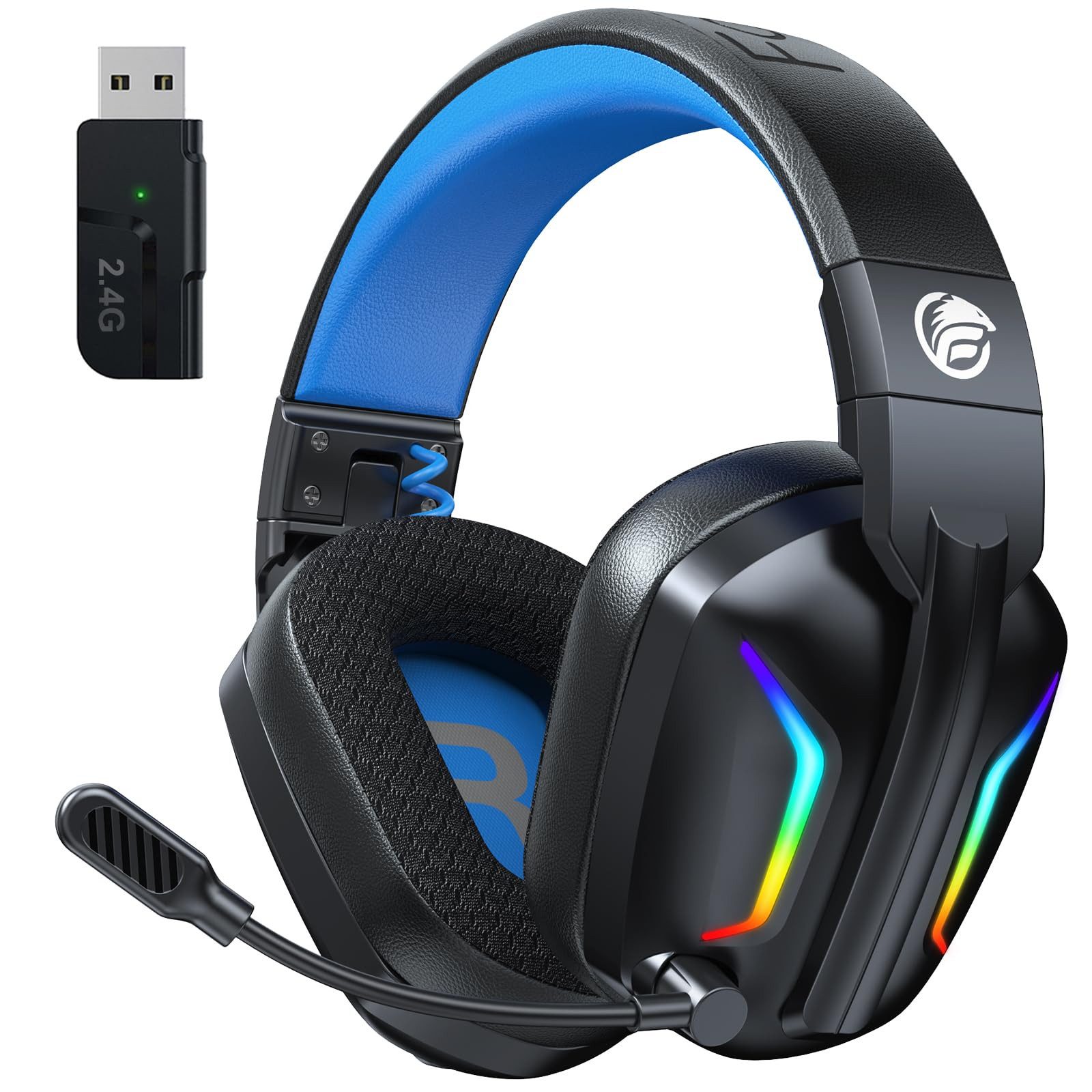 Fachixy Mikrofon, 2,4G Wireless Bluetooth Kopfhörer kabellos LED Licht Gaming-Headset (ENC-Rauschunterdrückung, Stummschaltung, LED-Beleuchtung, Game- und Musikmodus, faltbar, Bluetooth und 2,4G Wireless, 2,4 GHz, mit Surround Sound Faltbarer Bluetooth LED Licht Über 50H+Akkulaufzeit)