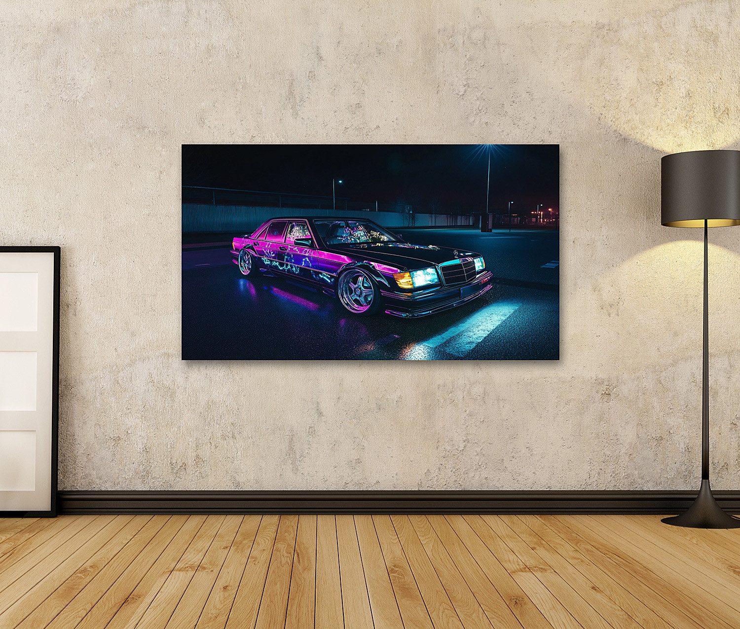 islandburner Leinwandbild, Neonlichter auf klassischem Mercedes günstig online kaufen