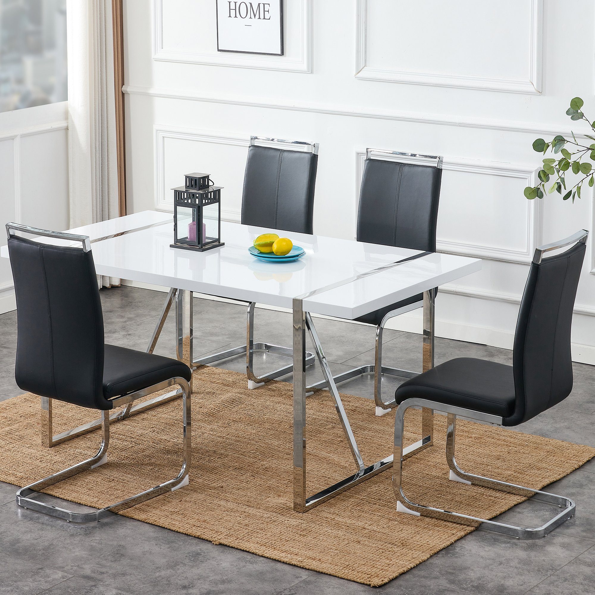 Odikalo Esszimmer-Set 4 Stühlen Set Rechteckig Glänzend Tisch Edelstahlbeinen mehrere Farben Schwarz