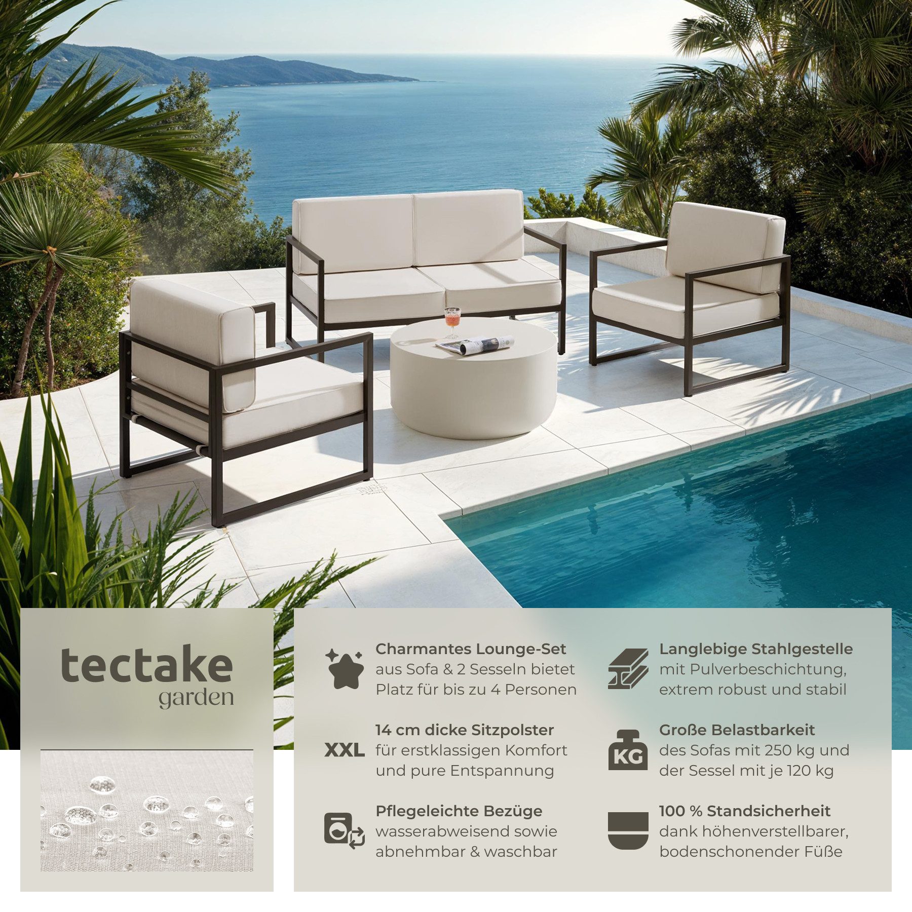 tectake Essgruppe Garten-Loungeset für 4 Personen, höhenverstellbare Füße, (Gartensofa Comosa, 3-tlg., in braun/beige), Dicke Sitzpolster, wasserabweisende, abnehmbare Polyesterbezüge