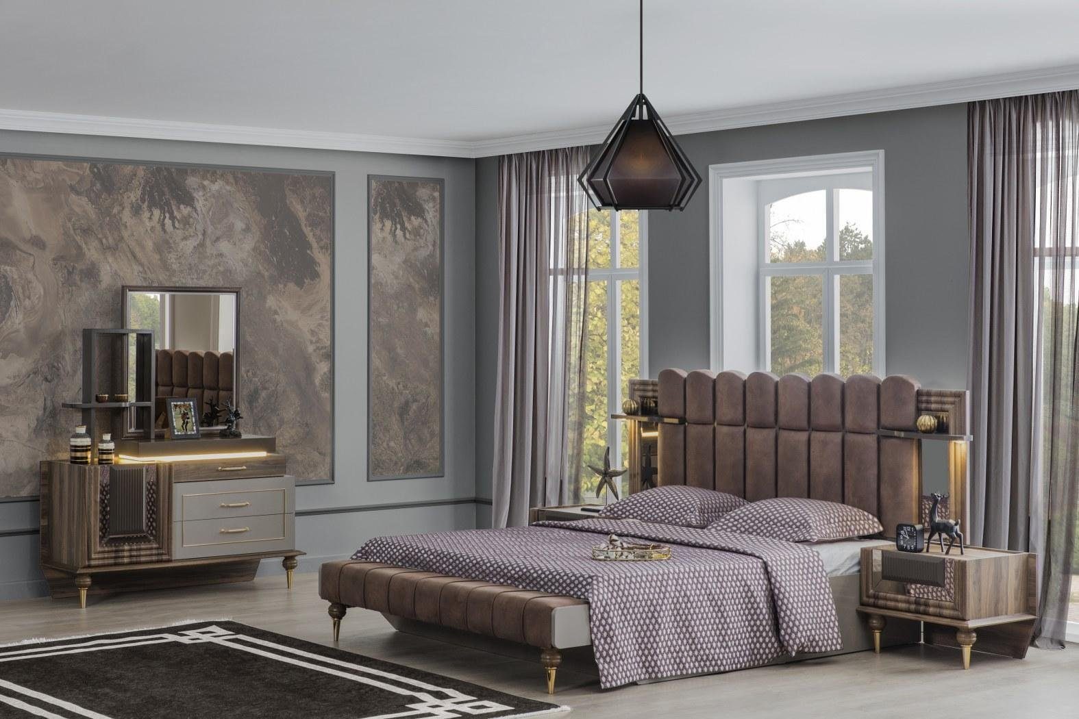 (4-St) Braun Luxus Schlafzimmer-Set Set 4tlg, Garnitur Holz Schlafzimmer Bett Doppelbett JVmoebel Stoff