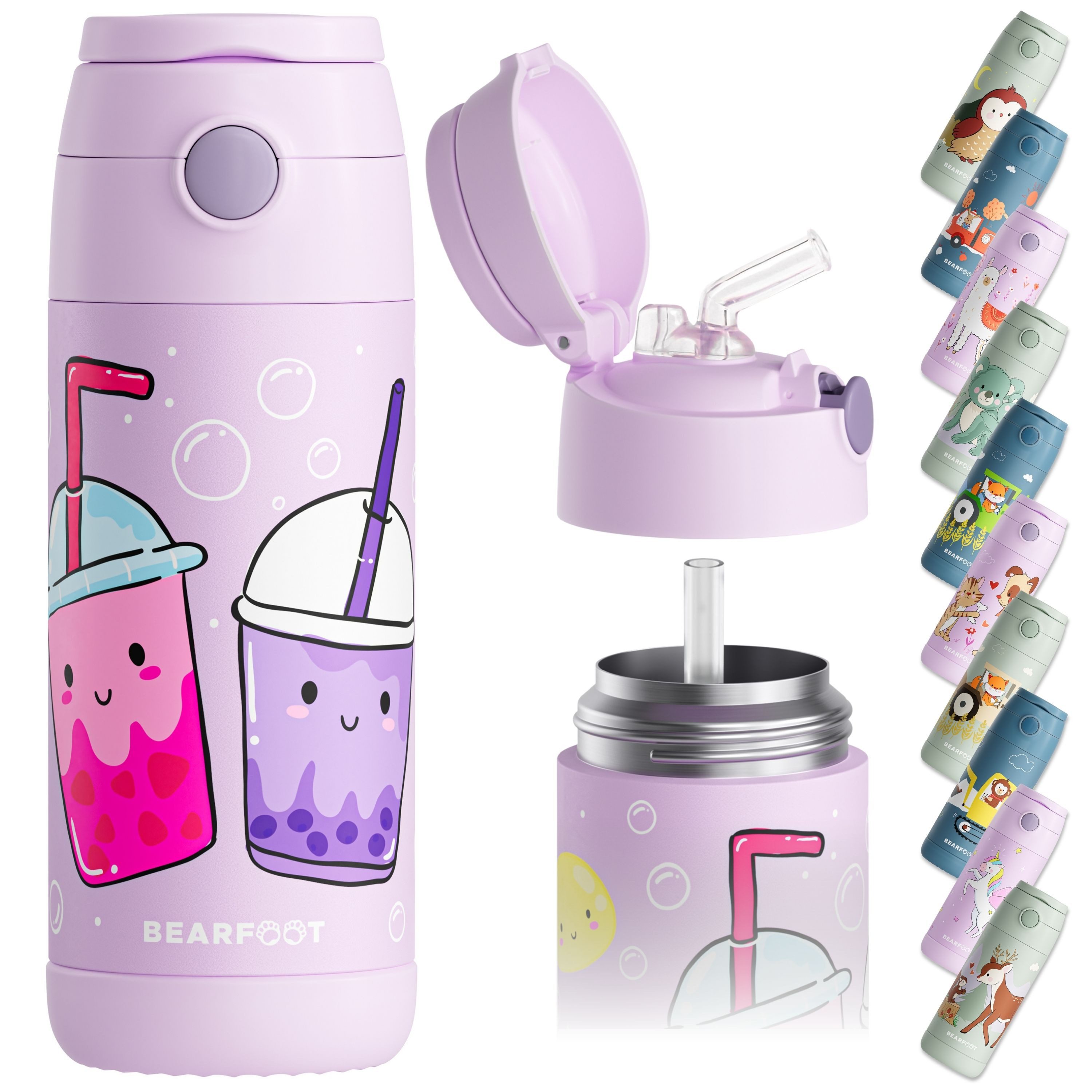 BEARFOOT Trinkflasche Thermo Kinder Trinkflasche Edelstahl - BubbleTea lila, Thermosflasche, auslaufsicher, Edelstahl, Kinderflasche, BPA-frei