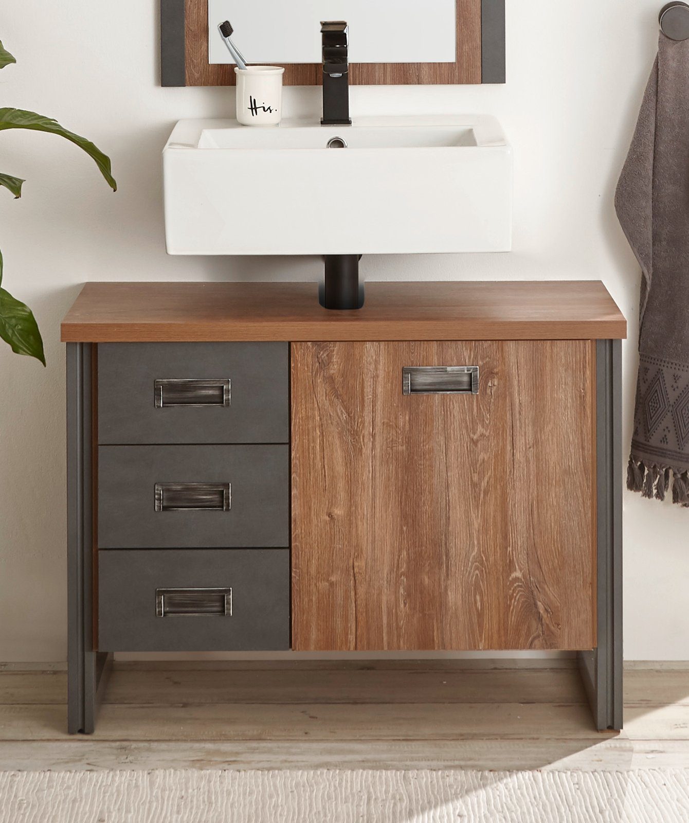 Furn.Design Waschbeckenunterschrank Auburn (Waschtisch in Sterling Eiche mit grau, Breite 80 cm) Industrial Design