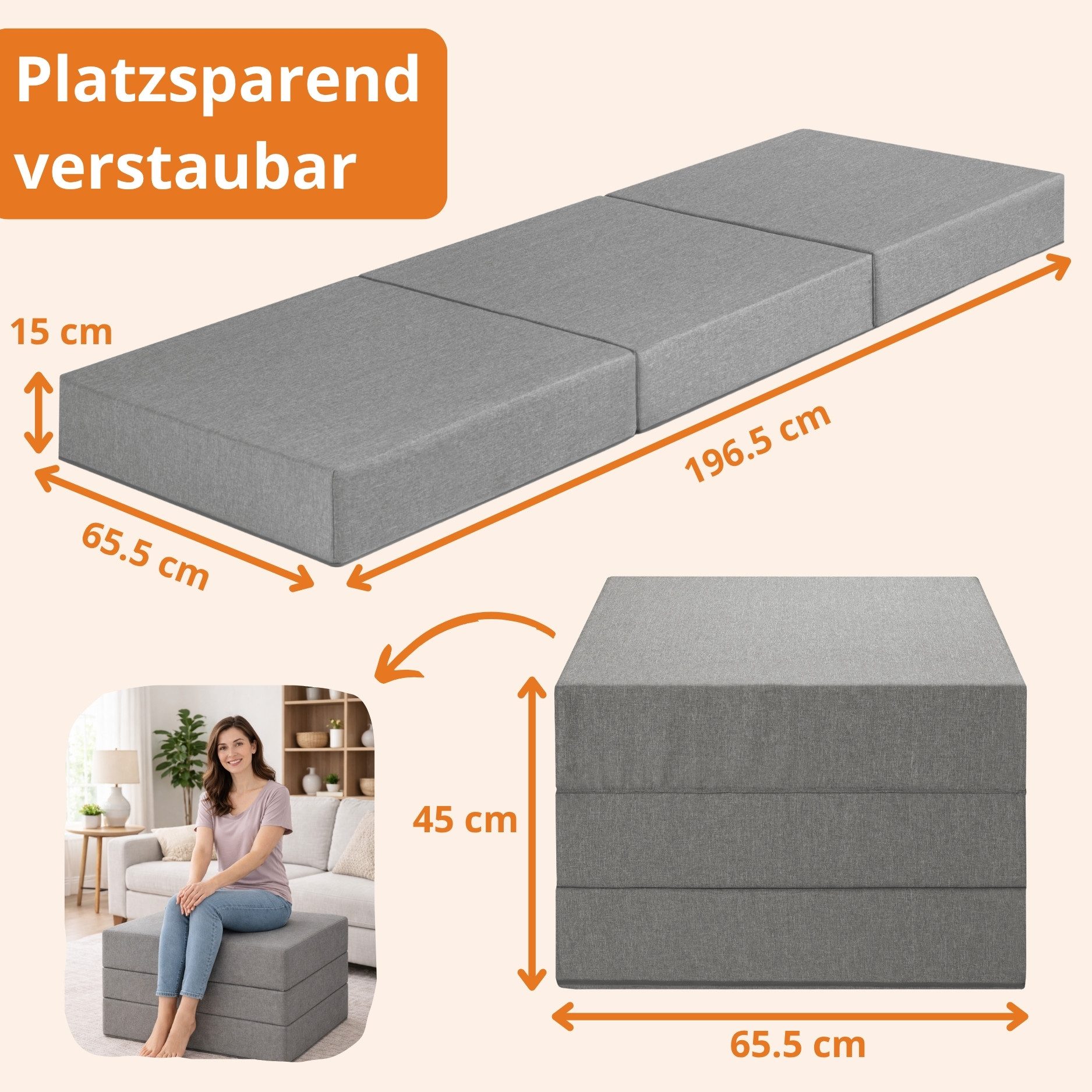 Klappmatratze 3-teilige Faltmatratze, sleepling, 15 cm hoch, hohe Formstabilität, Gästematratze, Made in EU