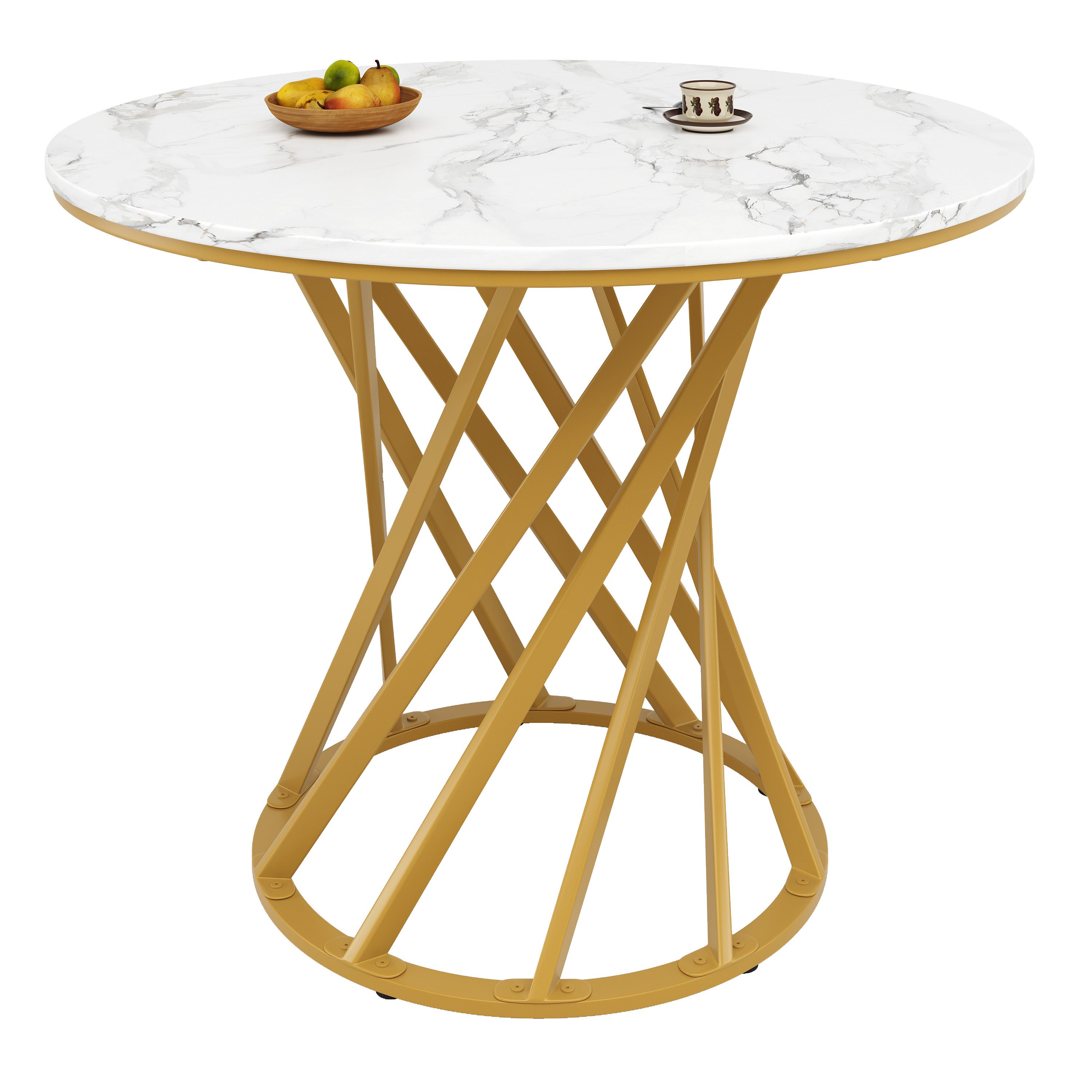 BlingBin Esstisch Runder Küchentisch Kaffeetisch mit Metall Tischbeine für 4 Personen (1er Set, 1-St., Produktgröße: 80×80×76cm, Tragendes Gewicht: 60kg/Tisch), Geeignet für Esszimmer Wohnzimmer, MDF Marmorierte Tischplatte
