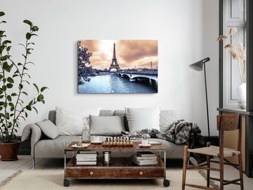 Sinus Art Leinwandbild 120x80cm Wandbild auf Leinwand Paris Eiffelturm Fluss Steinbrücke Fran, (1 St)