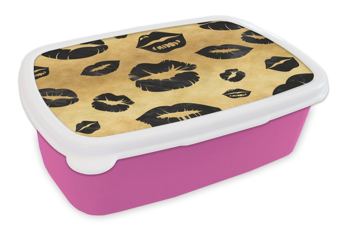 MuchoWow Lunchbox Muster - Kuss - Gold - Schwarz, Kunststoff, (2-tlg), Brotbox für Erwachsene, Brotdose Kinder, Snackbox, Mädchen, Kunststoff rosa