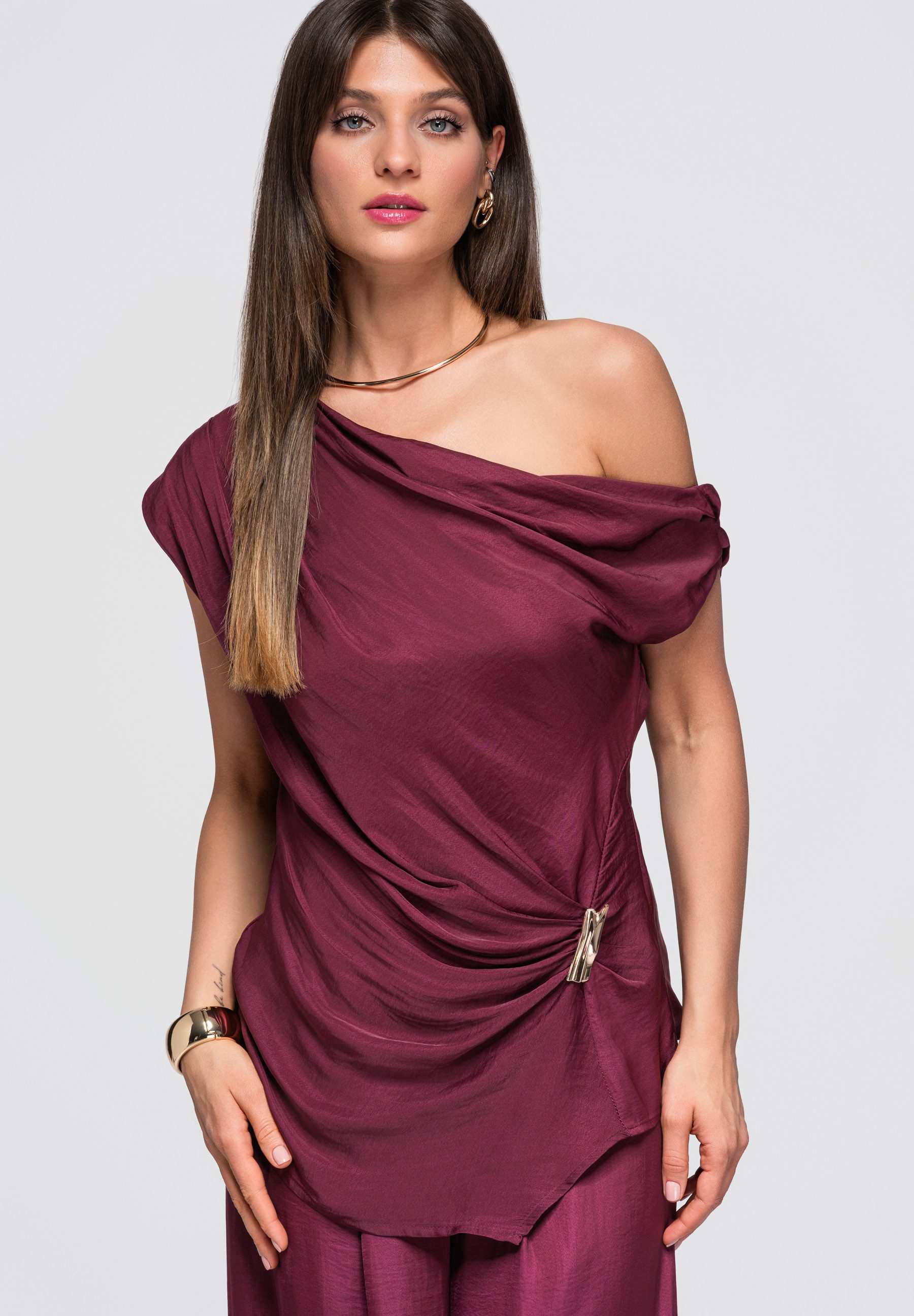 OMBRE Blusentop Damen Blusentop mit asymmetrischem Schnitt elegant Violett L (kein Set, 1-tlg) asymmetrische Form