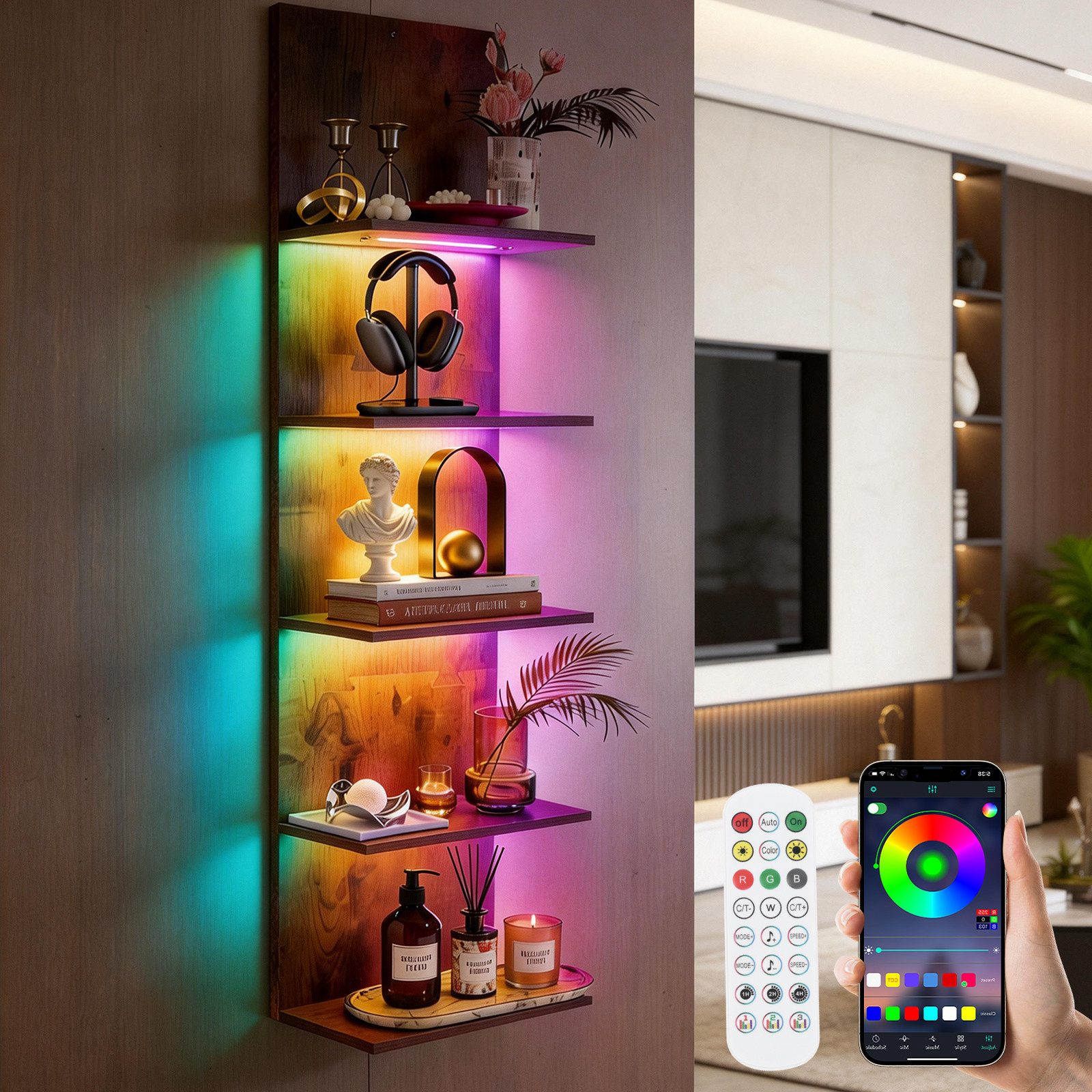 XIIW Hängevitrine Wandregal mit RGB+IC Hängeregal Wandboard Standregal Bücherregal (5 Ebenen Eckregal mit RGB+IC-Licht, App, Fernbedienung, 30×18×117 cm) Regal Wand Stufenregal für Deko Präsentation Sammlung
