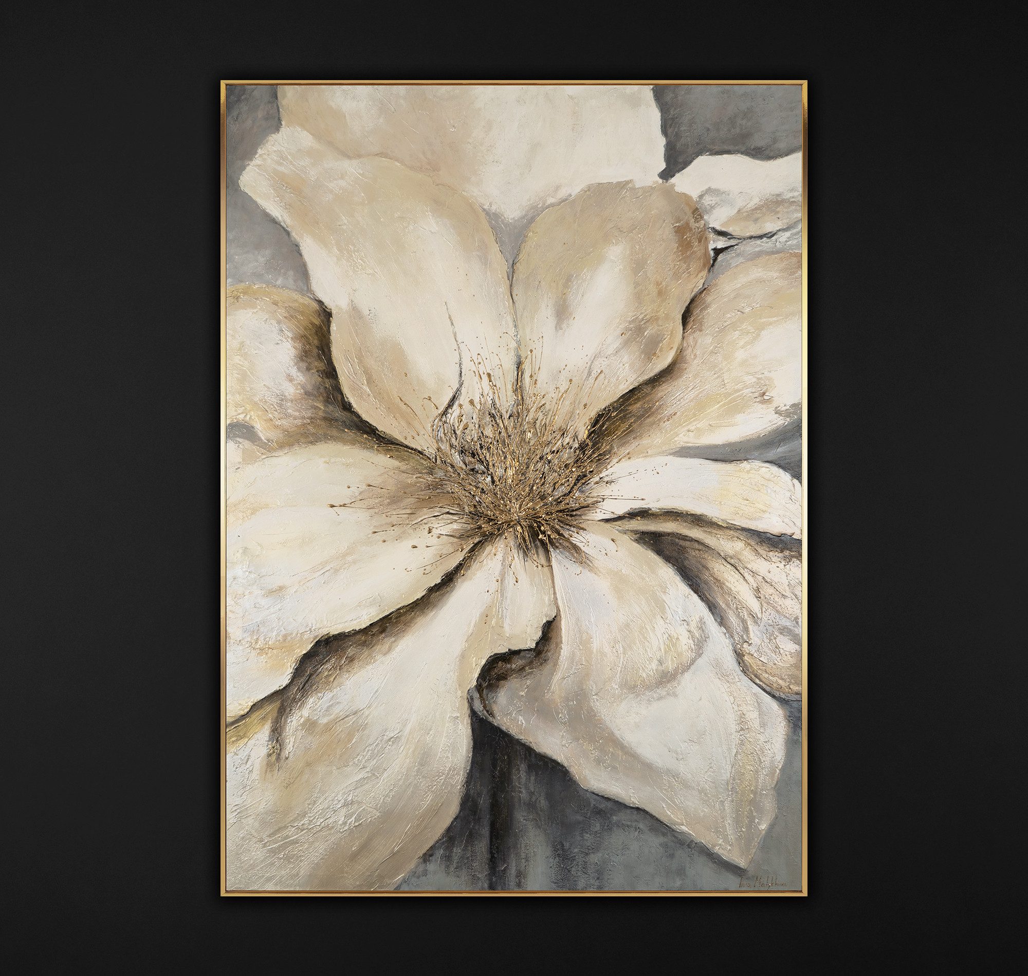 YS-Art Gemälde Goldene Blüte, Blumen, Blumen mit Stiel in Pastelltönen Leinwandbild gerahmt