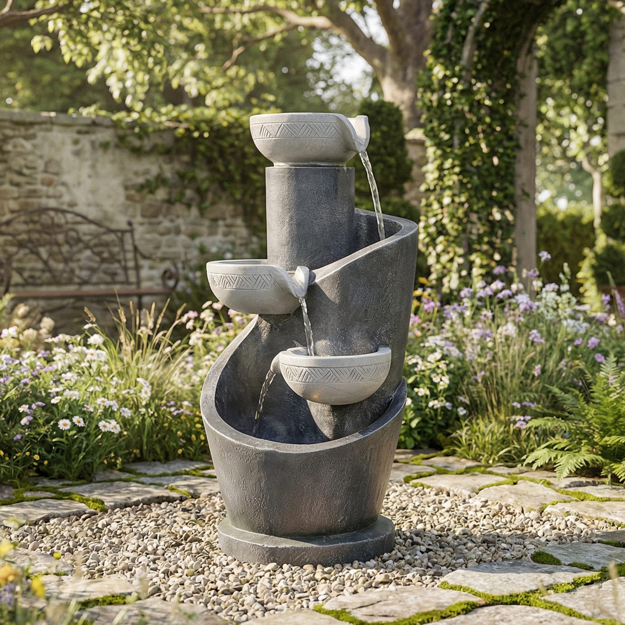 OKWISH Gartenbrunnen mit LED-Beleuchtung & Wasserpumpe aus Harz, 25 cm Breite, (Packung, 1 tlg., Zimmerbrunnen), Kunststein-Optik mit Zierbecken, Wasserspiel für Terrasse & Garten
