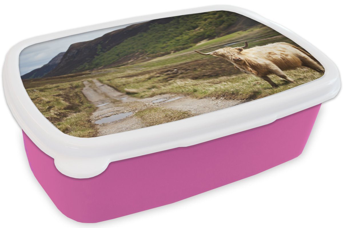 (2-tlg), MuchoWow Schottische Kunststoff, Pfad - Brotdose Highlander rosa Snackbox, Kunststoff für Erwachsene, Brotbox Lunchbox - Kinder, Mädchen, Wald,