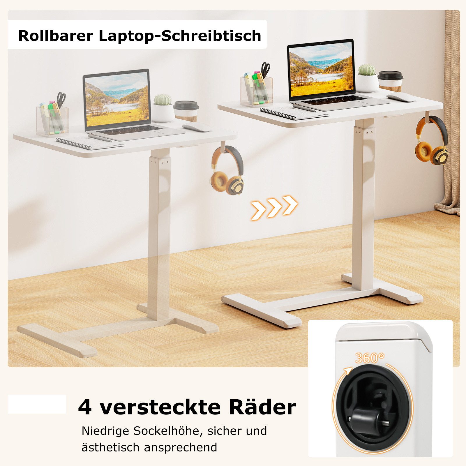 COSTWAY Laptoptisch, Beistelltisch für Bett mit Rollen, höhenverstellbar