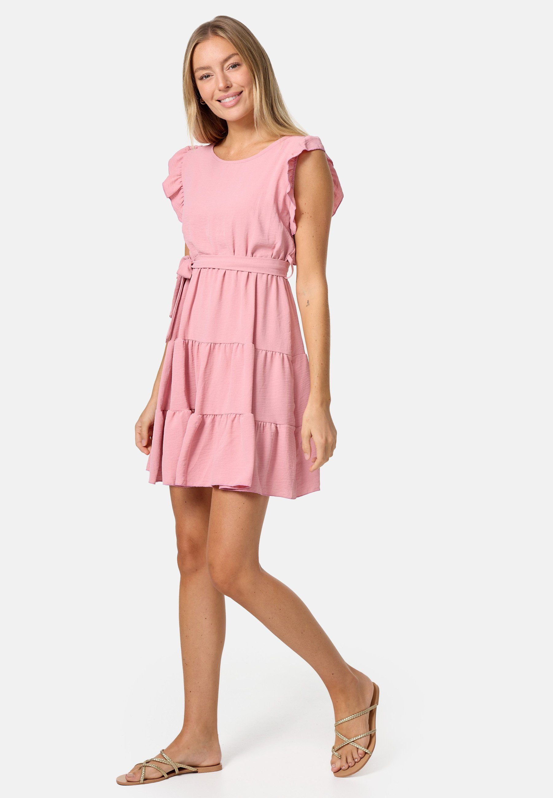 PM SELECTED Minikleid PM-27 (Sommerkleid Midi Kleid mit Rüschen in Einheitsgröße) Rosa