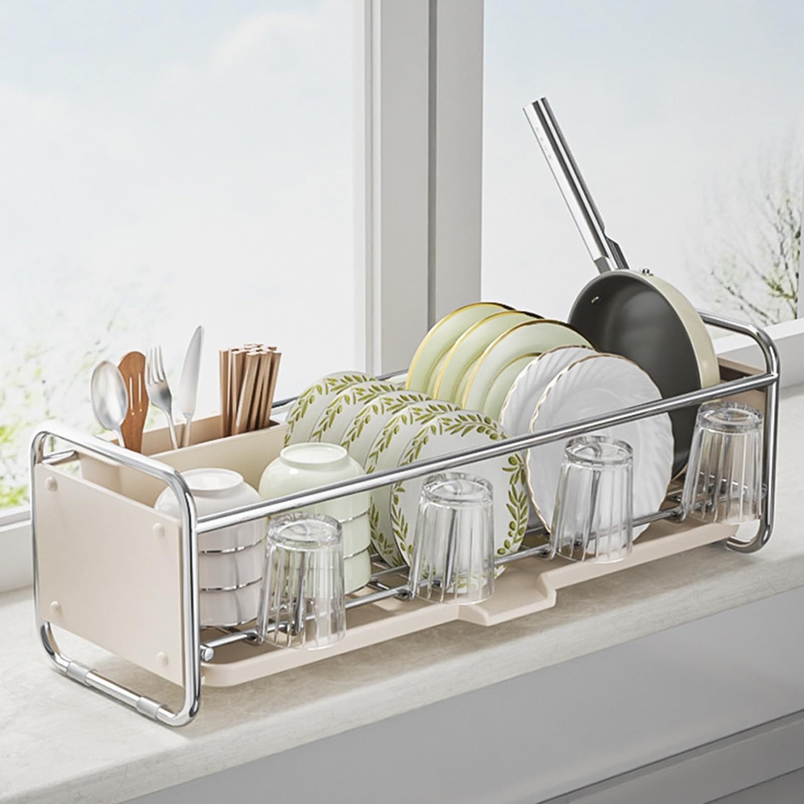BlingBin Geschirrständer Abtropfgestell Spülbecken-Organizer Geschirrabtropfgestell mit Auslauf, Mehrzweck-Küchenregal für Utensilien und Trocknen von Geschirr