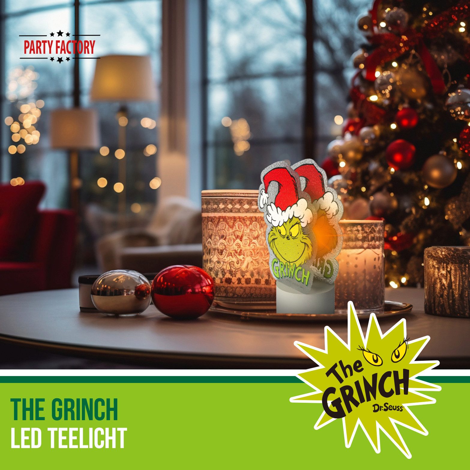 Party Factory LED-Kerze The Grinch LED Teelicht – Weihnachtsdeko Figur grün rot Weihnachten
