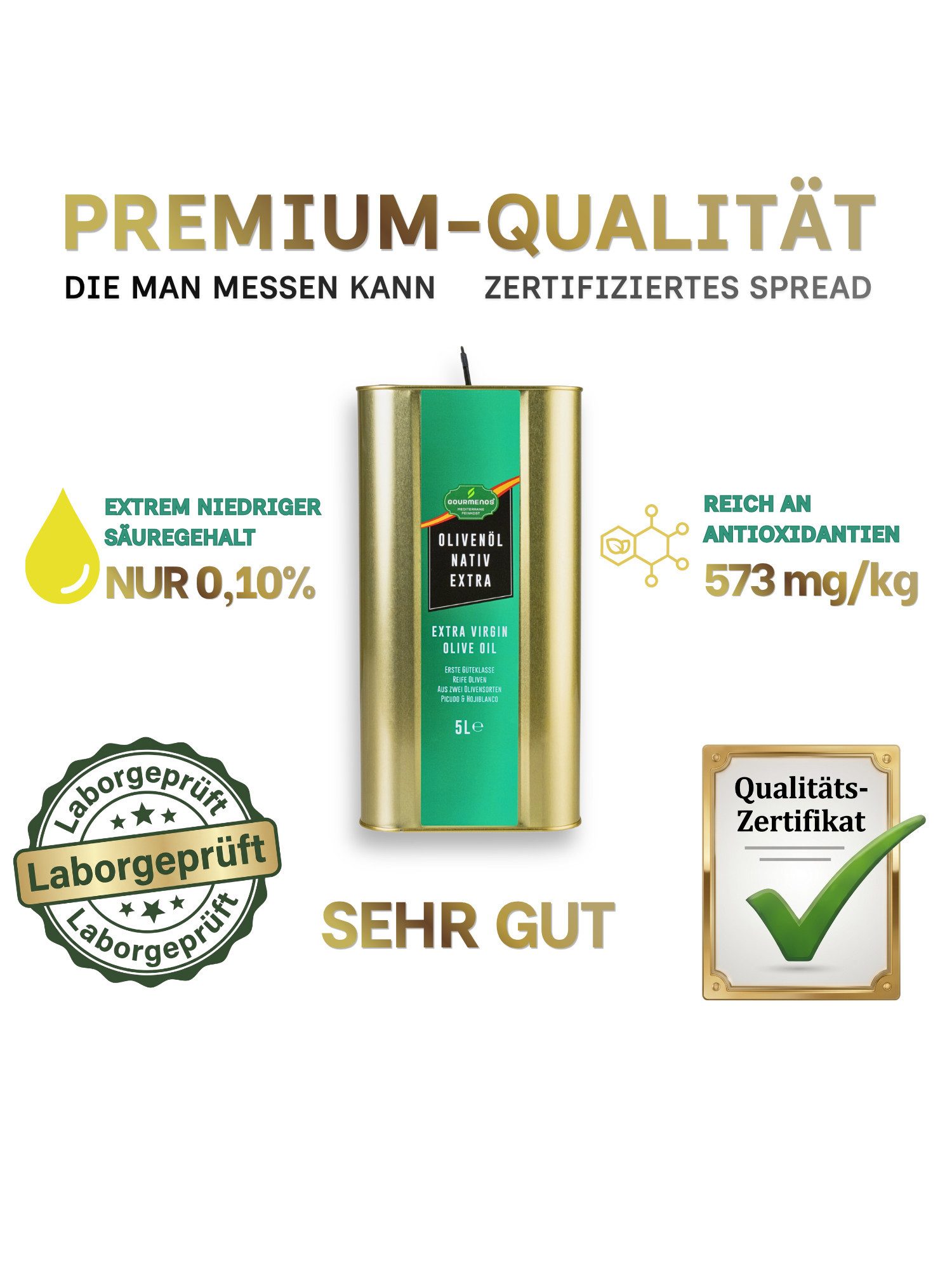 Gourmenos Speiseöl Natives Olivenöl Extra aus Granada, kaltgepresst, 1 x 5 l, 1 St., Kaltgepresst, nativ extra, aus Picudo- und Hojiblanca-Oliven – Bild 4 von 5