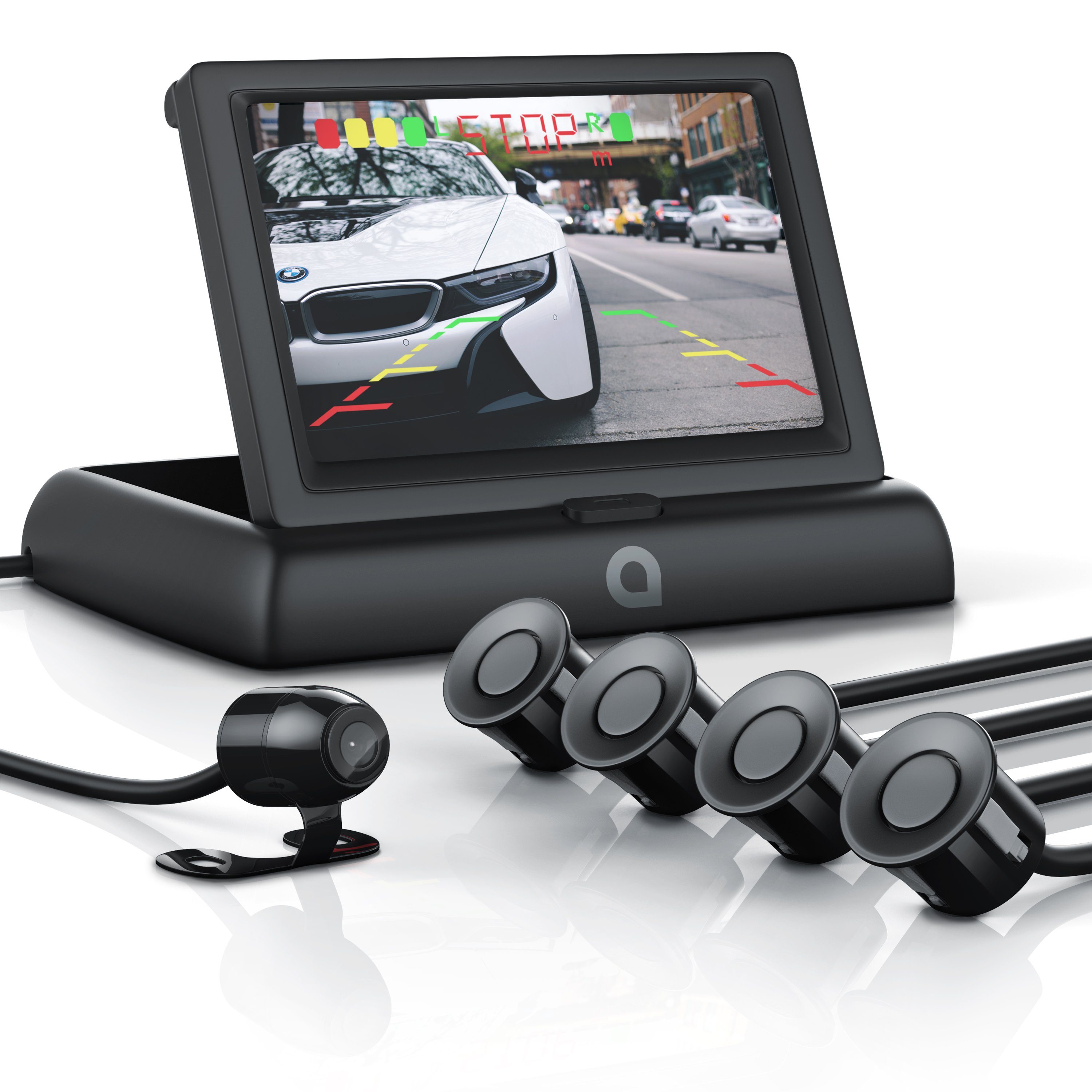 Aplic Einparkhilfe mit 4x Parksensoren, Kamera & 4,3" Monitor mit Nachtsicht Rückfahrkamera (einfaches, sicheres Einparken bei Tag und Nacht, zum Nachrüsten)