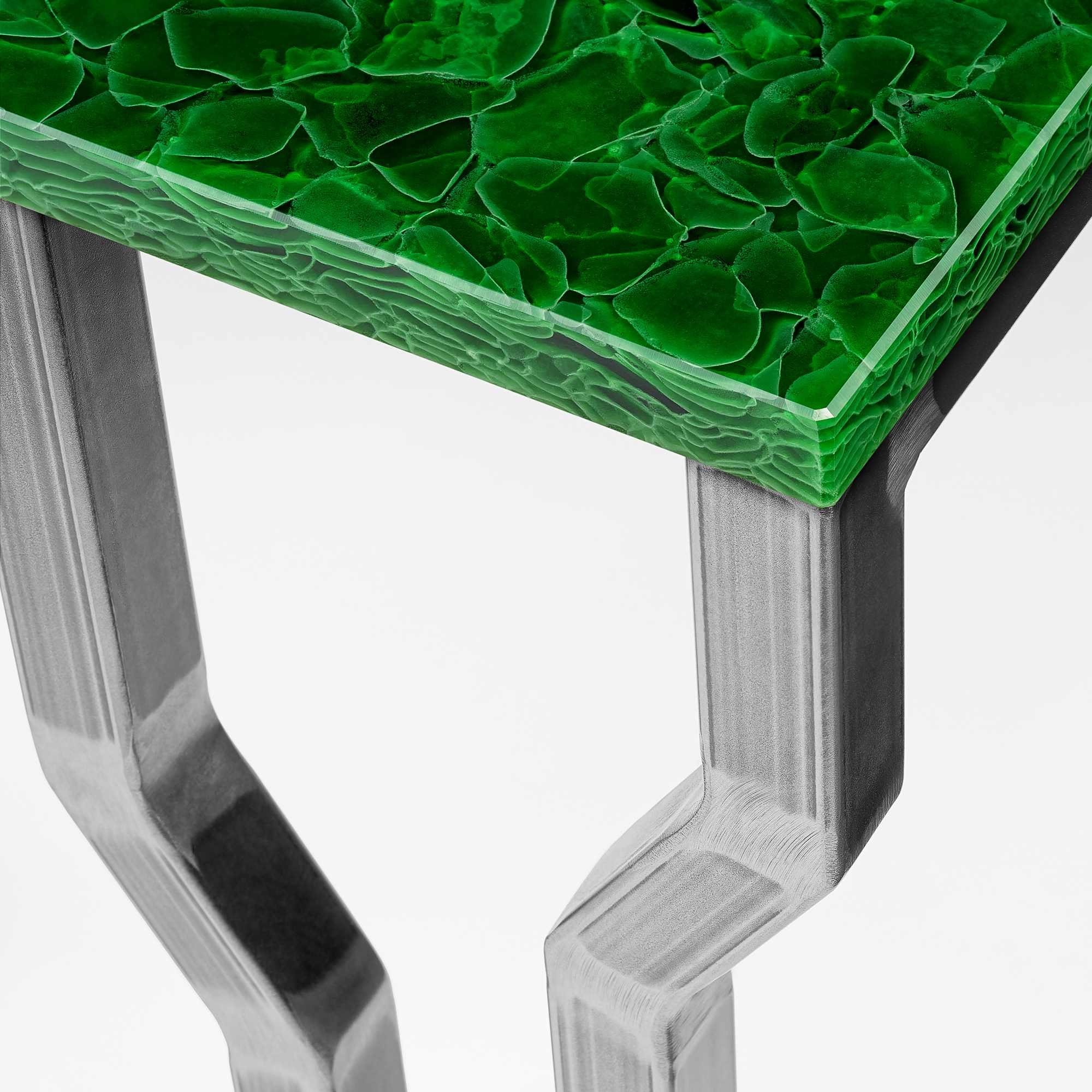Atelier SILICON Couchtisch MAGNA eckig, silber mit Metallgestell, Forest 110x50x40cm VALLEY Green GLASKERAMIK, Couchtisch