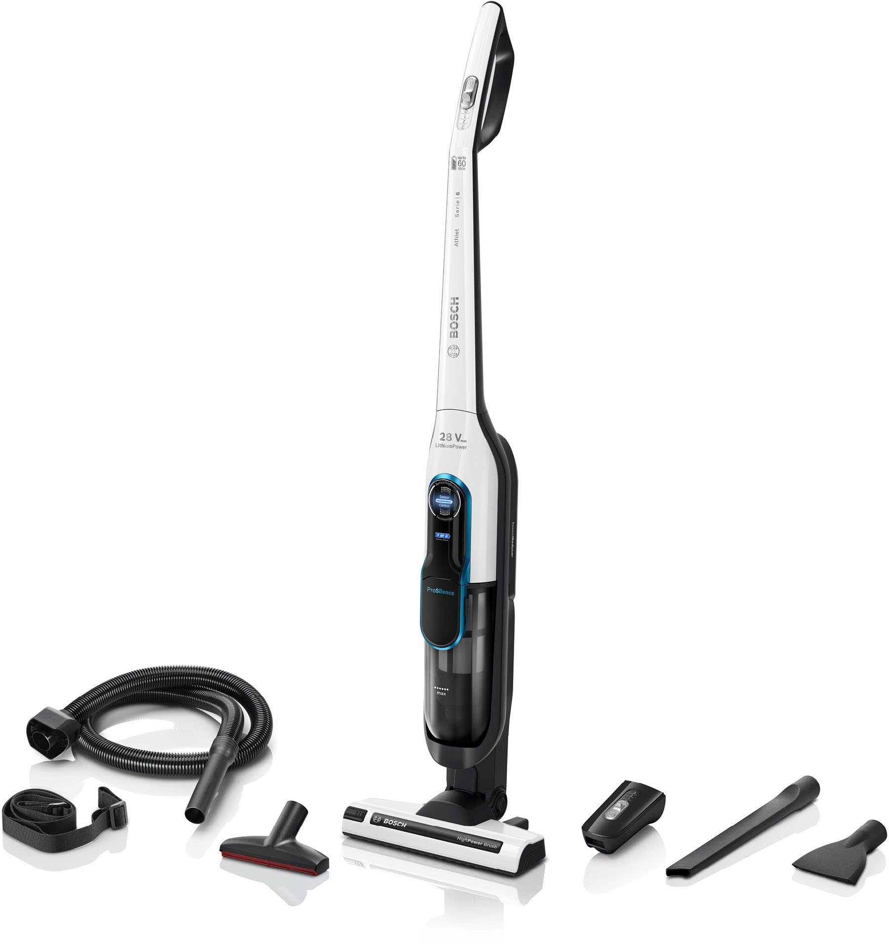 BOSCH Akku-Stielstaubsauger Athlet ProSilence BKH86SIL1, 28 V, freistehend, leise, Hygiene-Filter, beutellos, Zubehör-Set, alle Bodenarten, Turbo-Stufe, bis 60 min Laufzeit, weiß