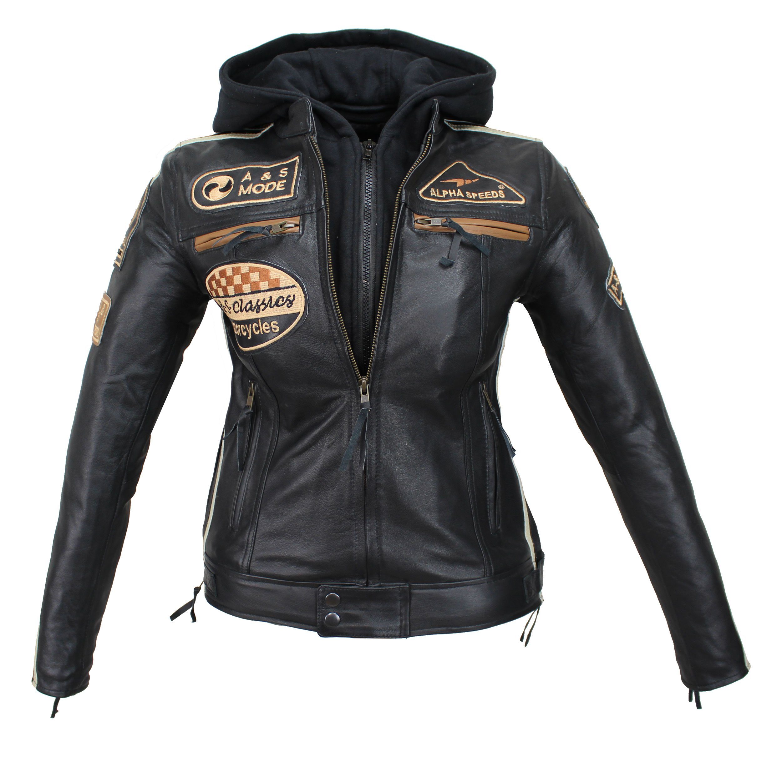 Alpha Speeds Motorradjacke Damen Leder Jacke Biker Freizeit Highway Jacke Braun & Beige aus weichem Lammleder, mit Protektoren & Kapuze – Bild 3 von 5