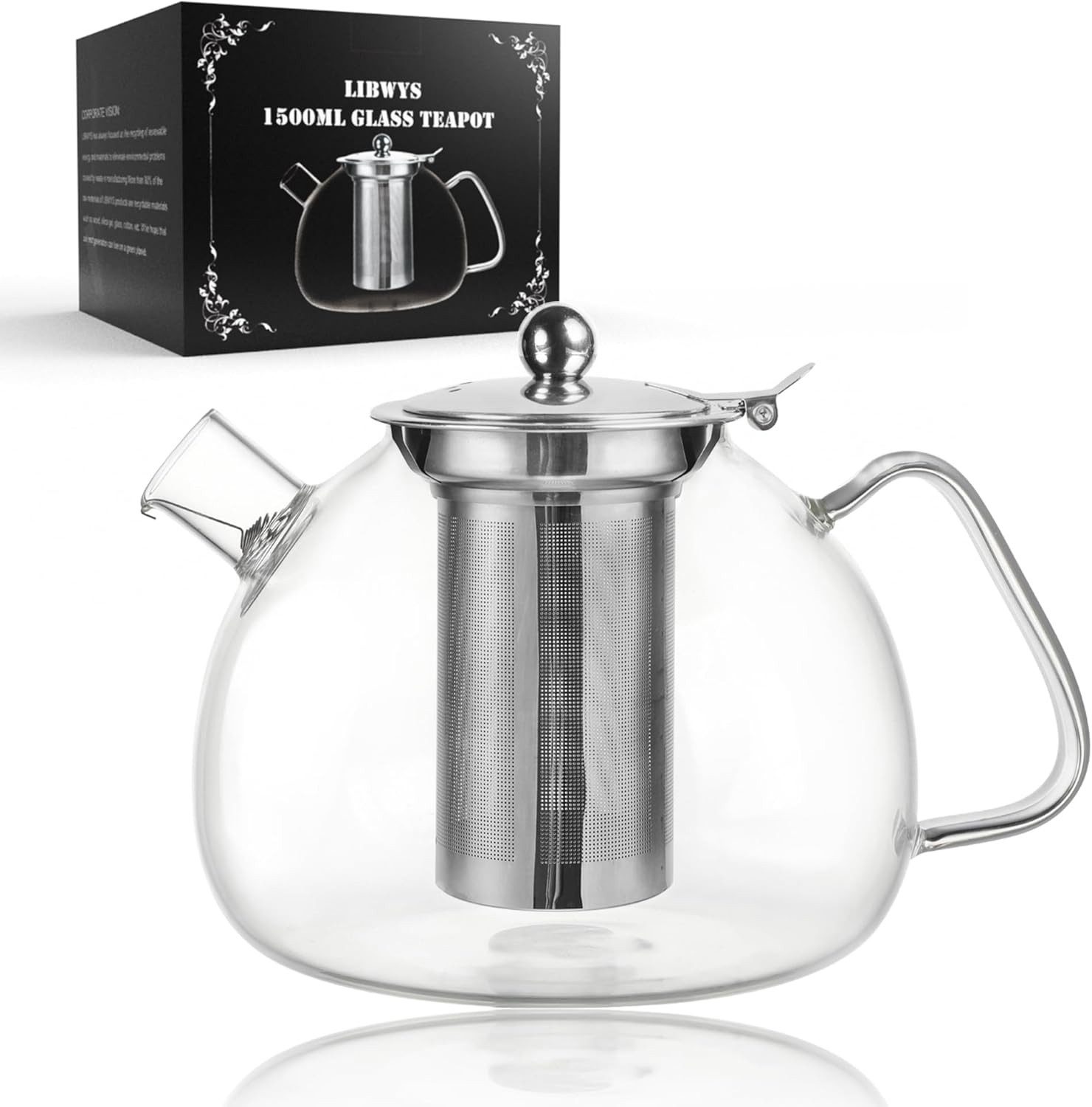 LIBWYS Teekanne Teekanne Glas 1,5L Borosilikat mit Edelstahlsieb Teekanne klar, 1,5 l, (Glas Teekanne 1500 ml mit Edelstahlsieb und Glasdeckel Set, Teekanne 1,5L mit Sieb Glasdeckel Griff für losen Tee Haushalt), Borosilikatglas hitzebeständig herausnehmbares Sieb 1,5L klar