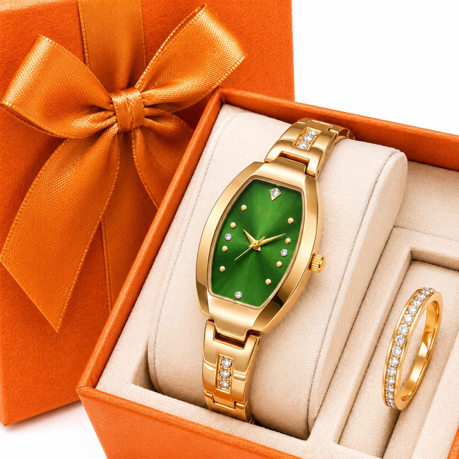 Fyrove Quarzuhr Geschenkset für Frauen, Damen Armbanduhr Set mit Damenring, (Elegante goldfarbene Quarzuhr, Weihnachtsgeschenk & Geburtstagsgeschenk, 2-tlg., Kostenloser Uhrenöffner)